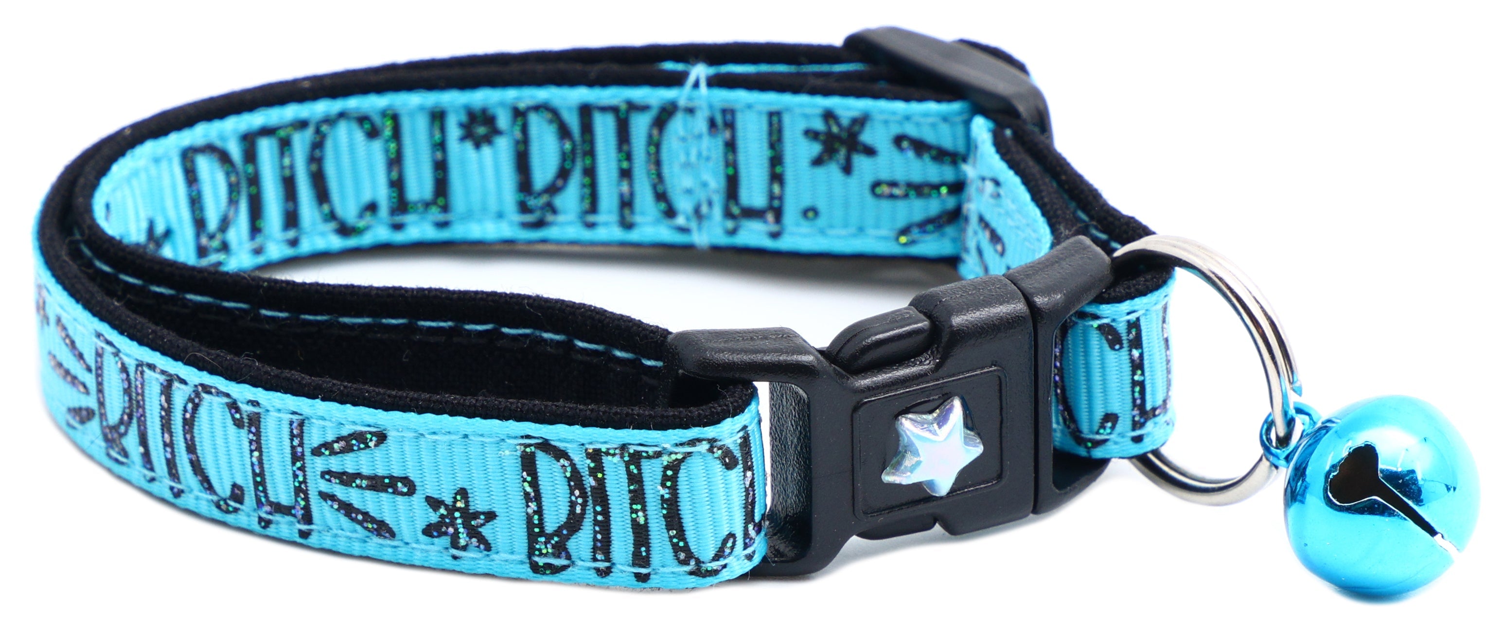 Light blue breakaway cat collar with black buckle, star charm and round blue bell.