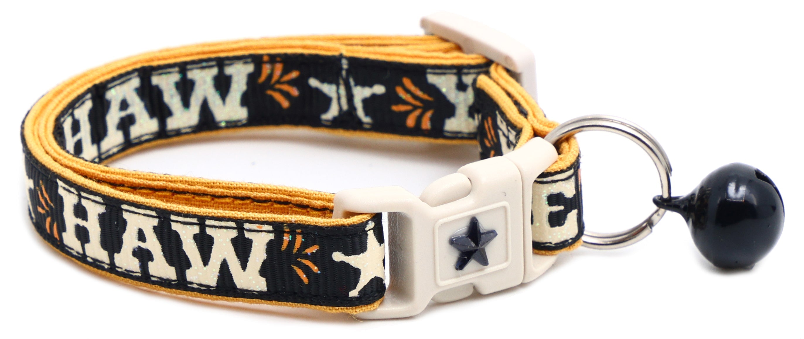 Breakaway dog collar, dark navy/black with “HAW” embroidery, white buckle, and blue bell