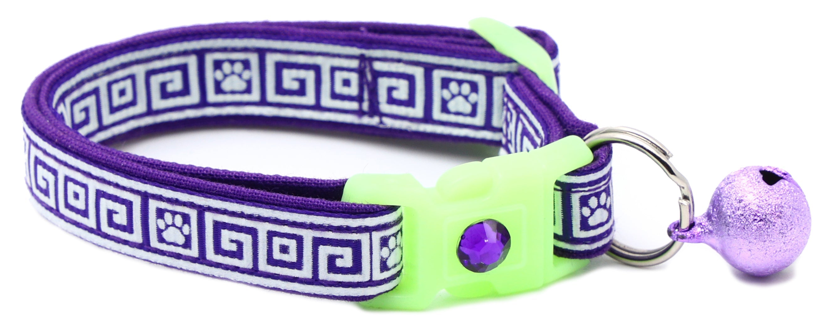 Greek Key breakaway cat collar in purple with neon green buckle and lavender bell