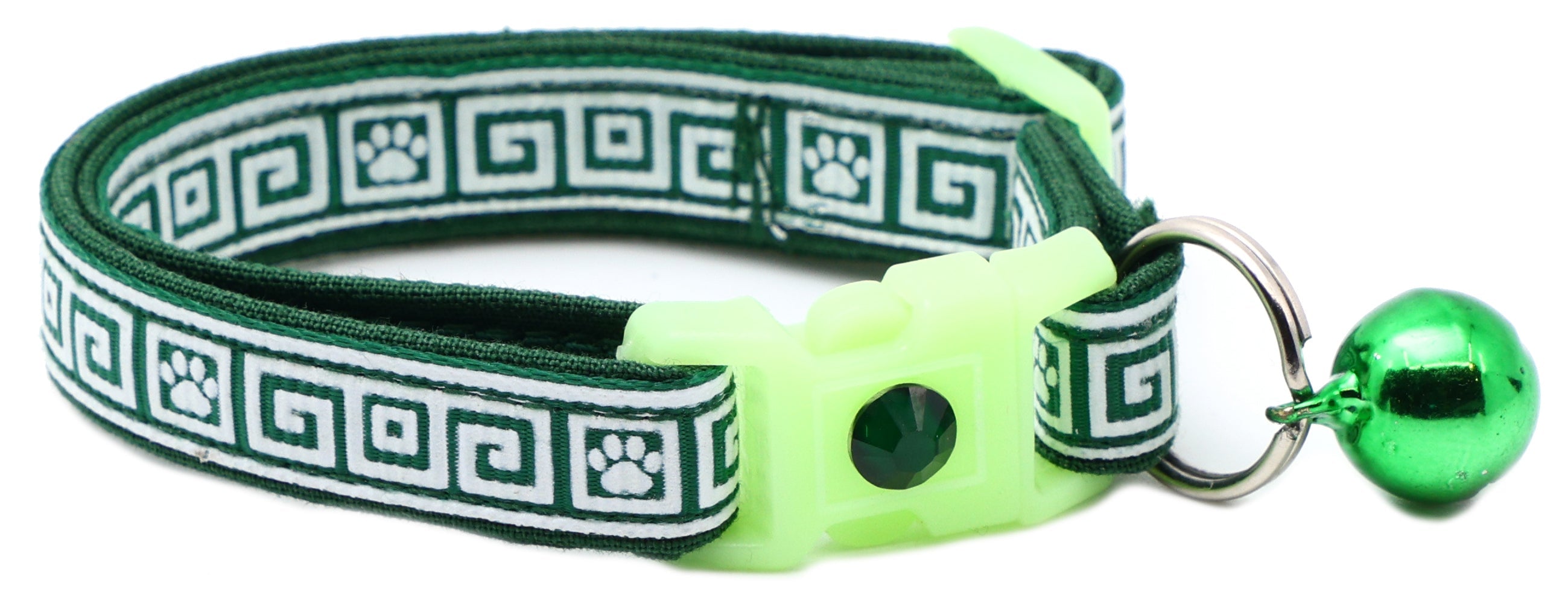 Dark green cat collar with Greek key pattern, neon breakaway buckle, green bell