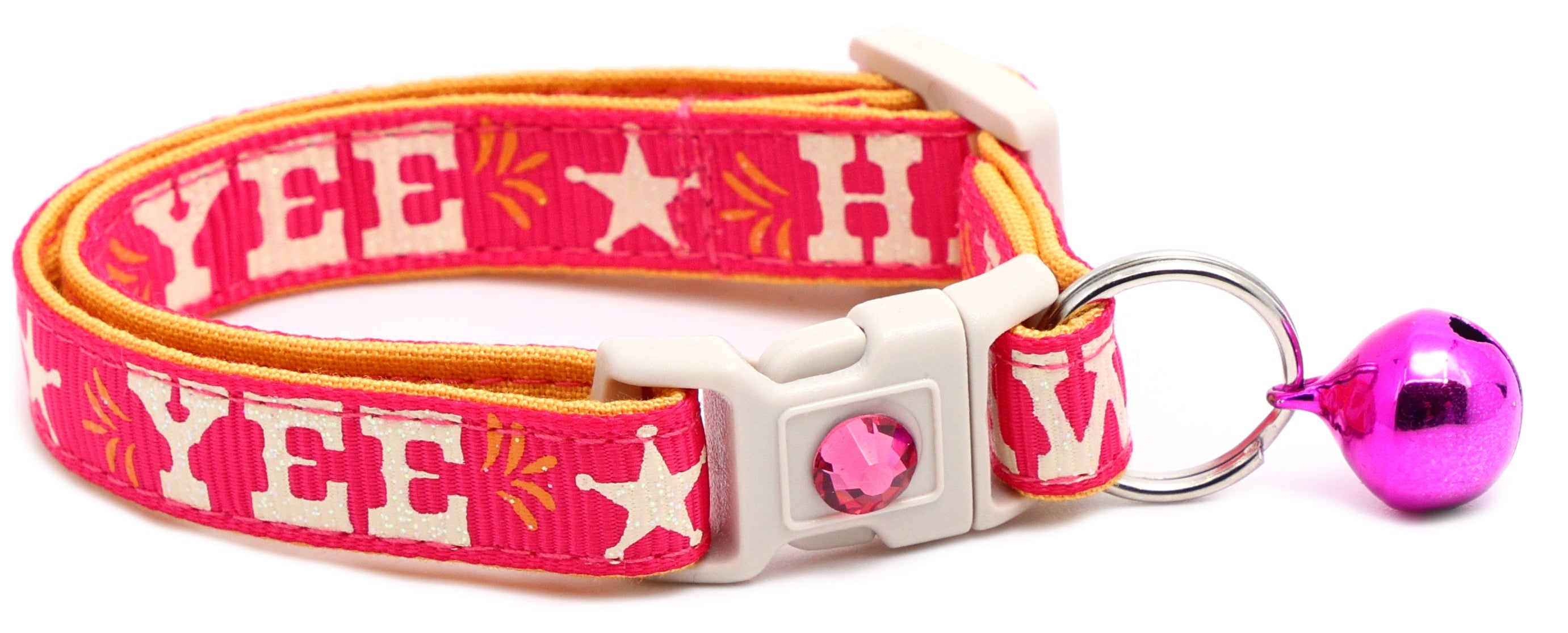 Breakaway dog collar with “YEE HAW” print, hot pink and yellow trim, purple jingle bell