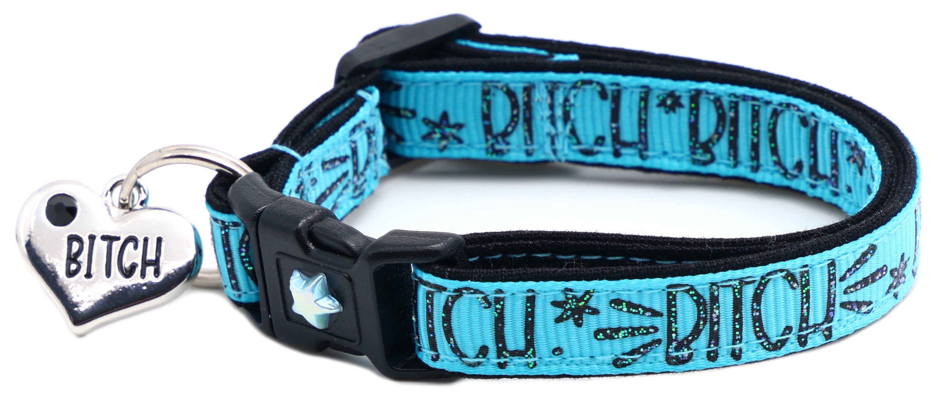 Blue cat collar with breakaway buckle, printed pattern, silver star charm and heart tag