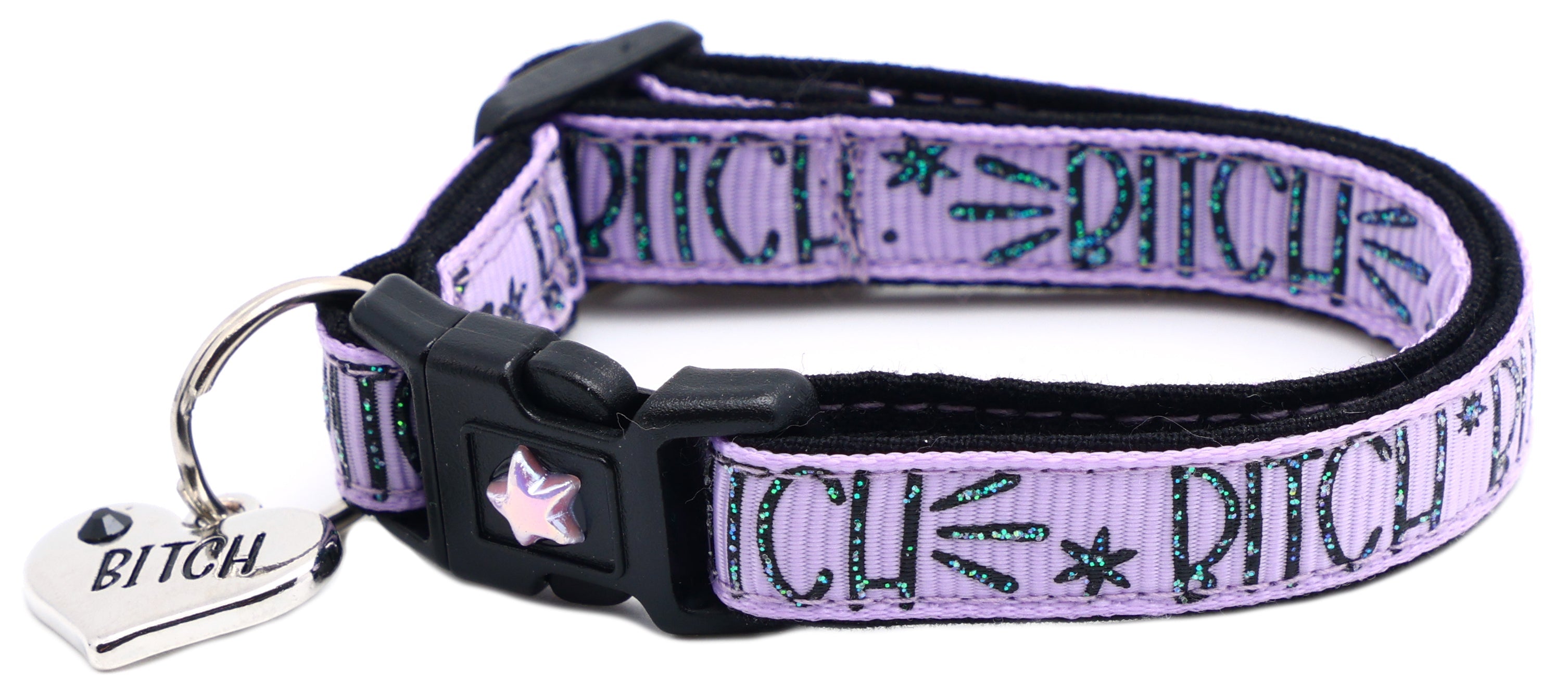 Purple fabric cat collar with black buckle, star emblem, metal ring and BITCH tag