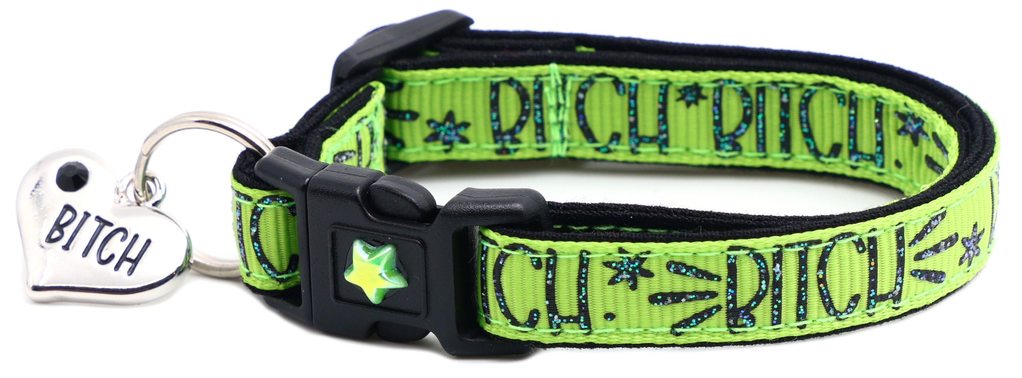 Neon green cat collar with breakaway buckle, printed pattern, silver star charm and tag