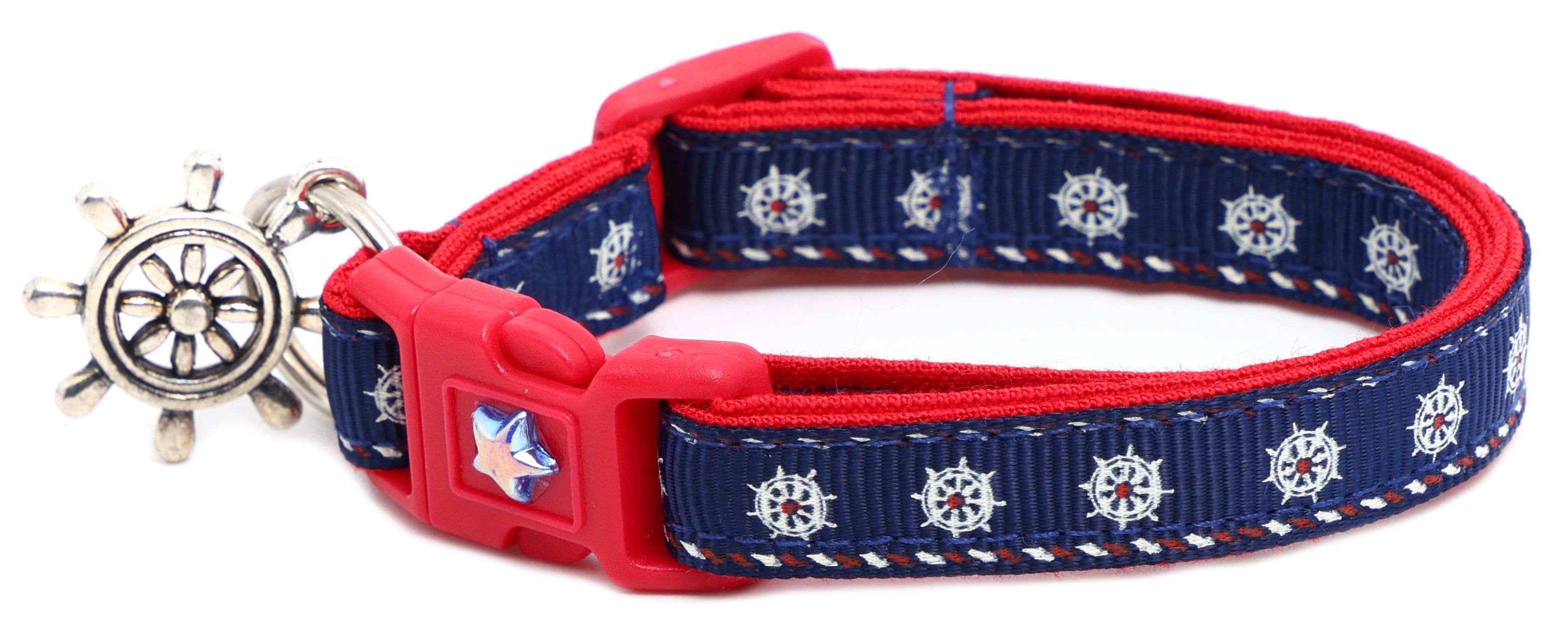 Red and navy cat breakaway collar with ship wheel charm and safety buckle