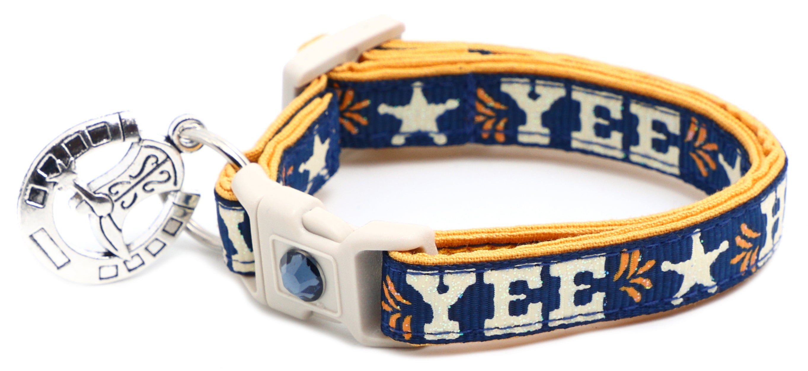 Pet breakaway collar with navy fabric, HA W pattern, white buckle, silver bell tag