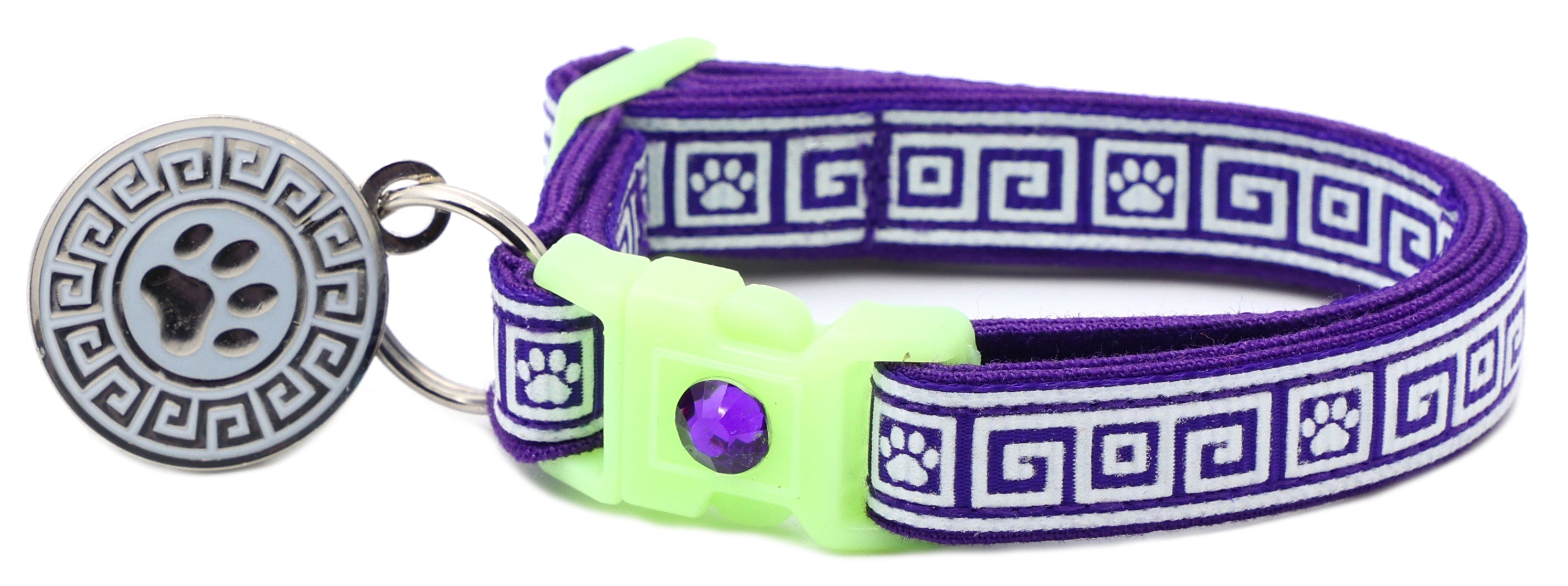Cat collar with purple Greek key fabric, neon green buckle, round paw disc charm, purple gem