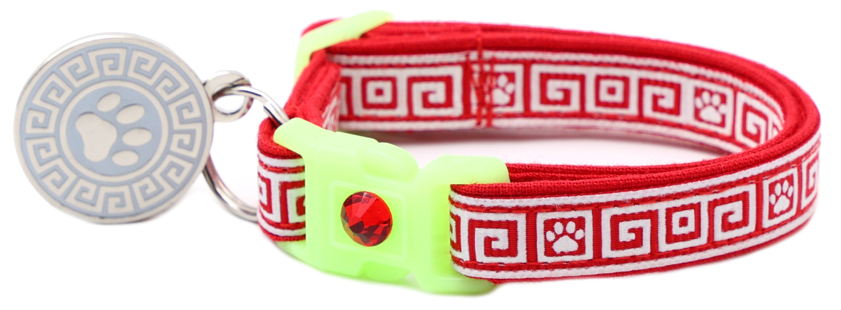 Red cat collar with Greek key pattern, neon breakaway buckle, paw tag charm, red crystal