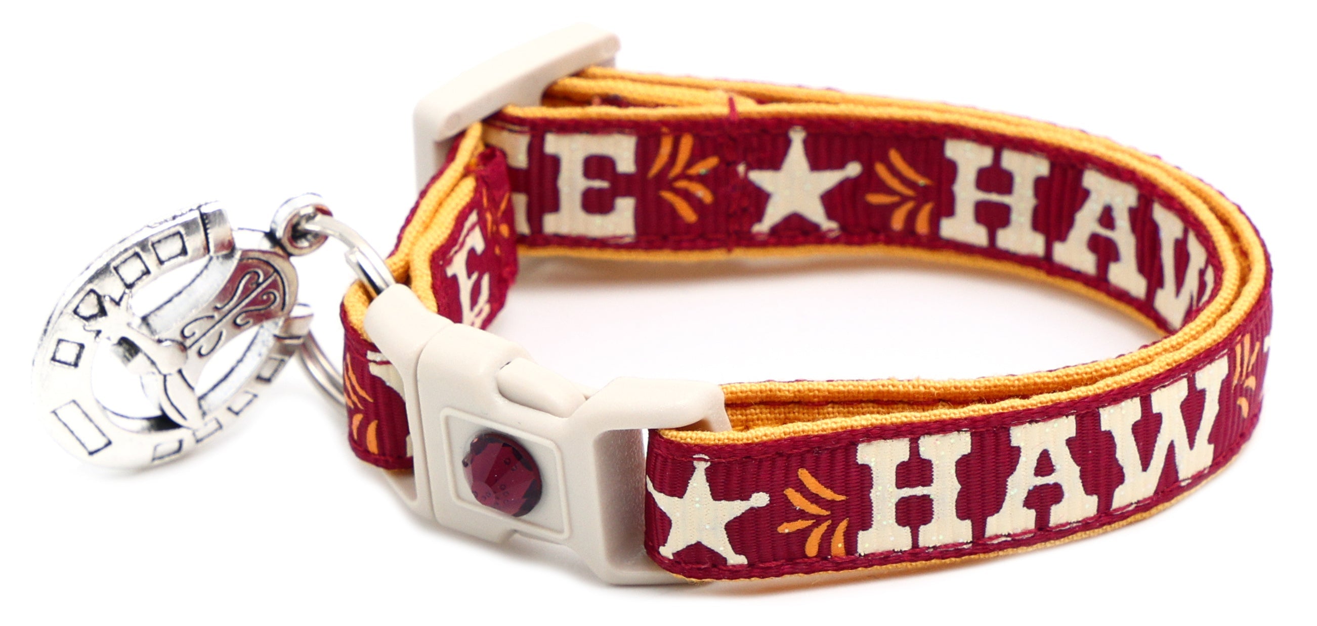 Pet breakaway collar with burgundy fabric, HA W pattern, white buckle, purple stone charm
