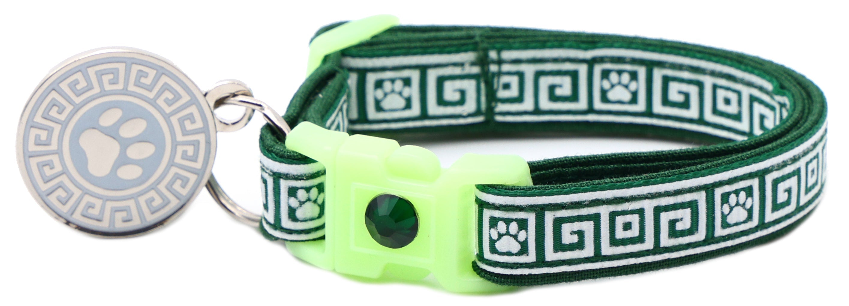 Cat breakaway collar with dark green Greek key pattern, neon green buckle and round paw charm