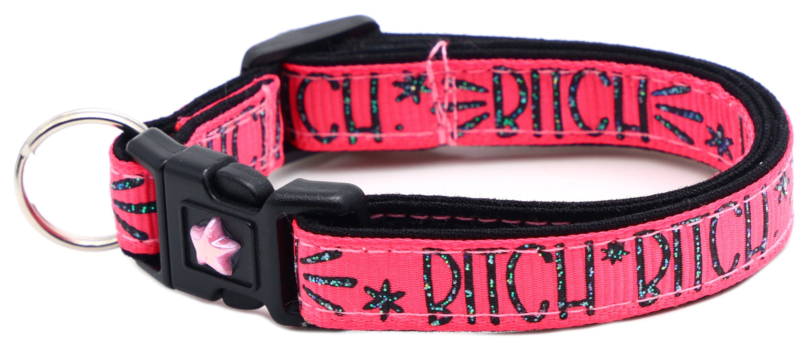 Pink fabric cat collar with black buckle, star emblem, metal ring and BITCH tag