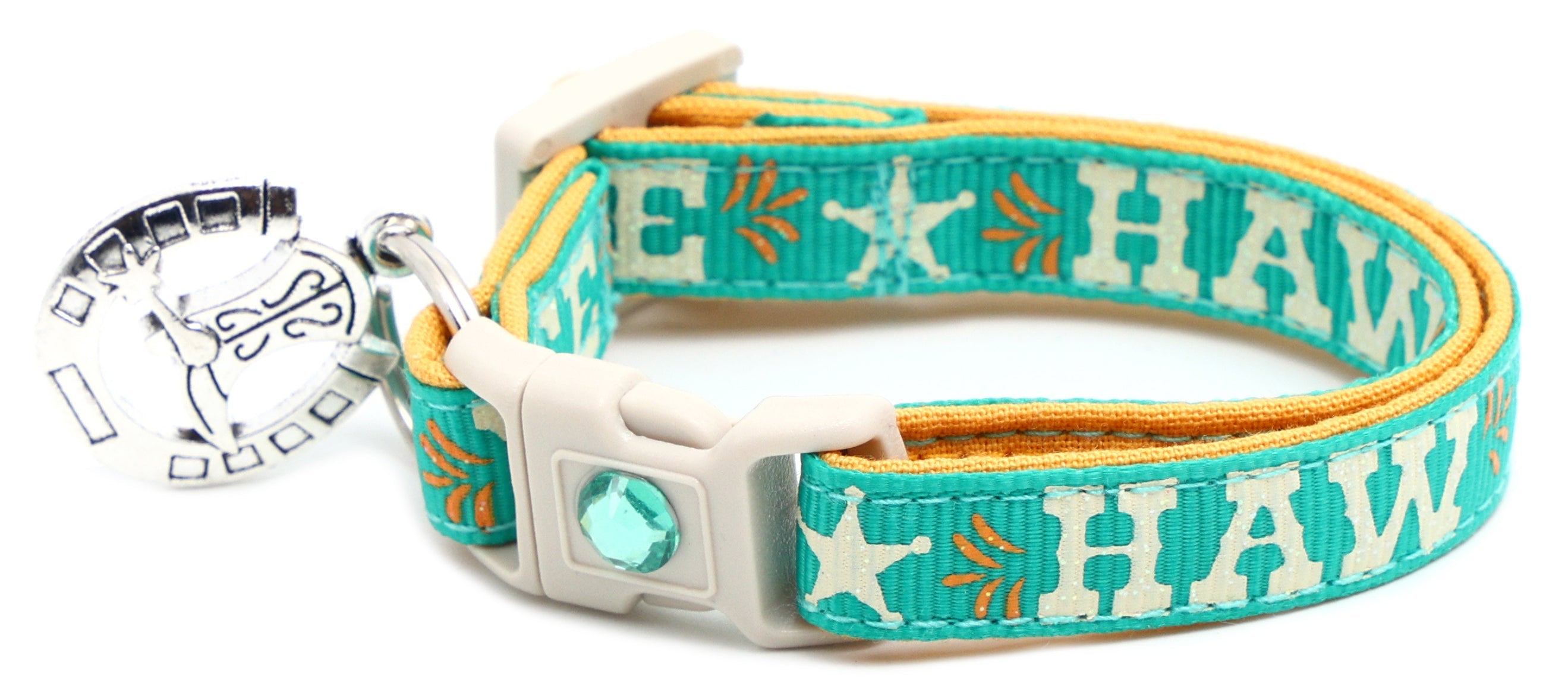 Breakaway dog collar, aqua with “YEE HAW” embroidery and silver horseshoe charm on ring