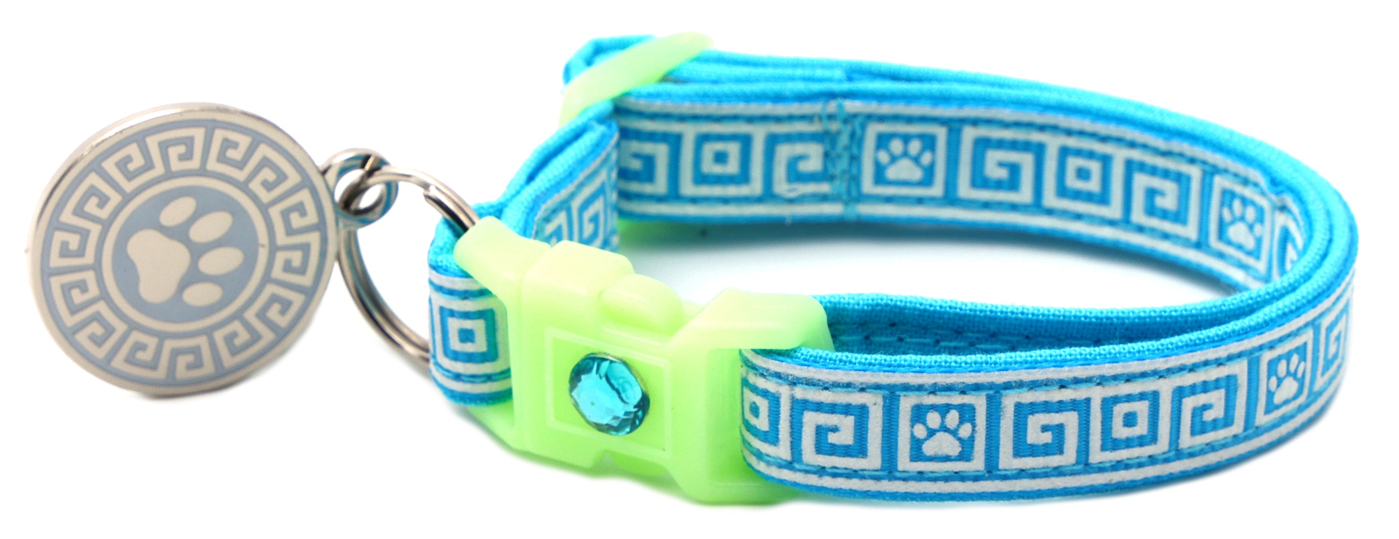 Light blue cat collar with Greek key pattern, neon breakaway buckle, paw tag, blue crystal