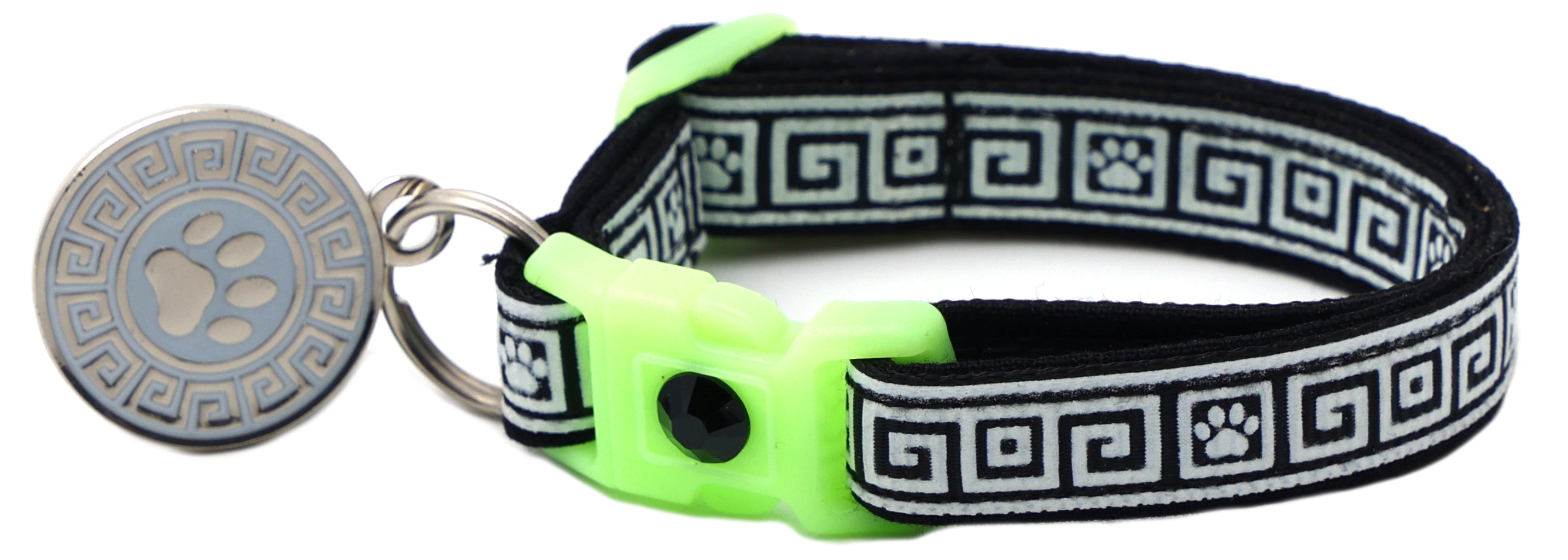 Black Greek key cat collar with neon buckle, metal ring, and gray paw charm