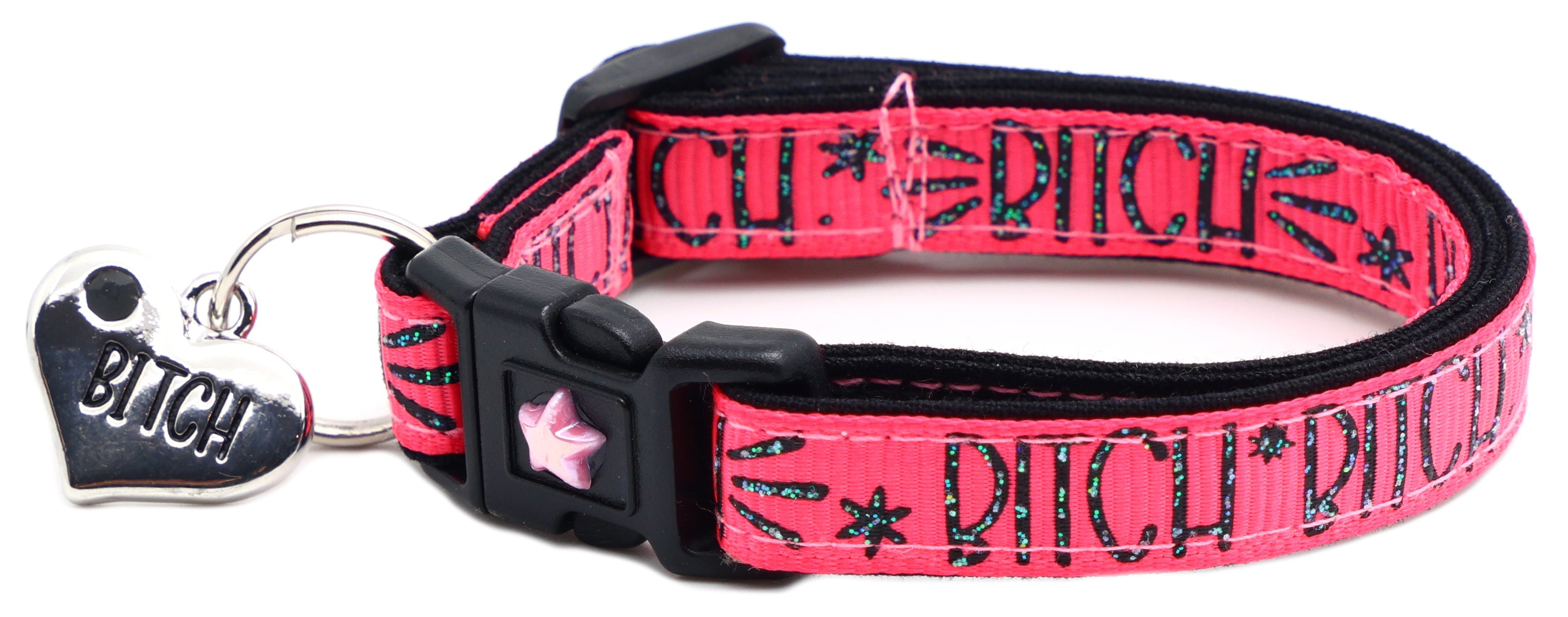 Pink fabric cat collar with black buckle, star emblem, metal ring and BITCH tag