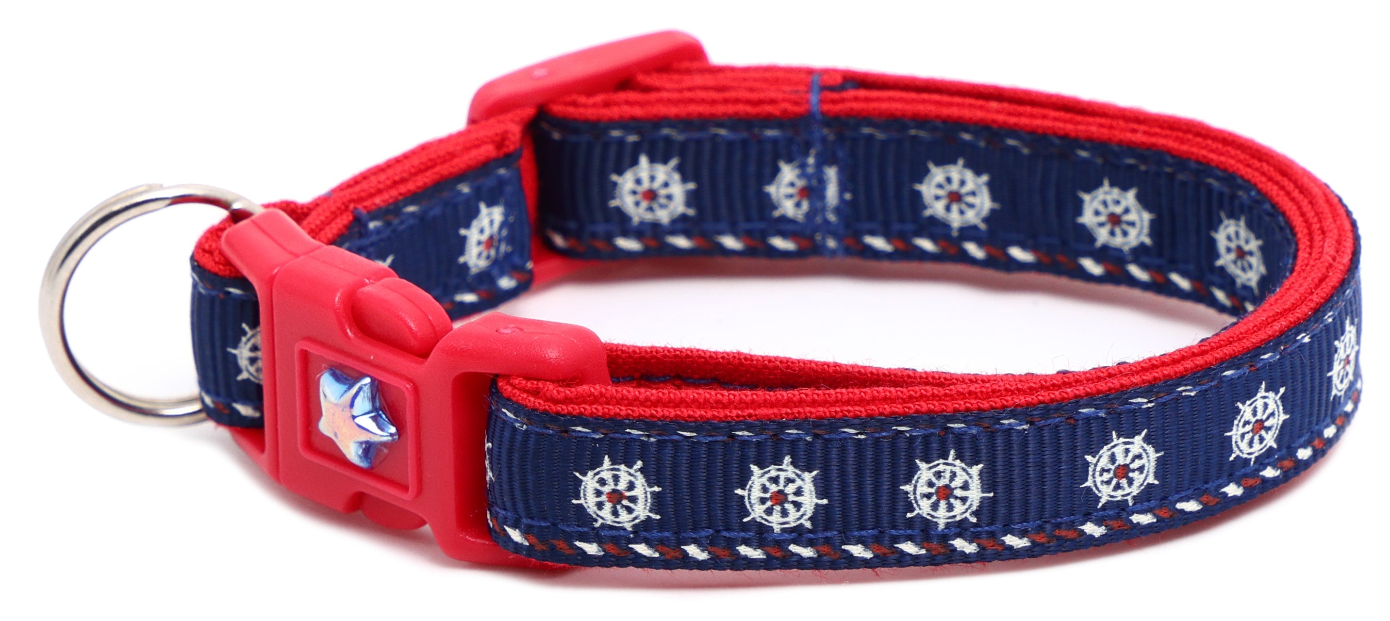 Navy ships wheel breakaway cat collar with red trim; star badge buckle and D-ring.