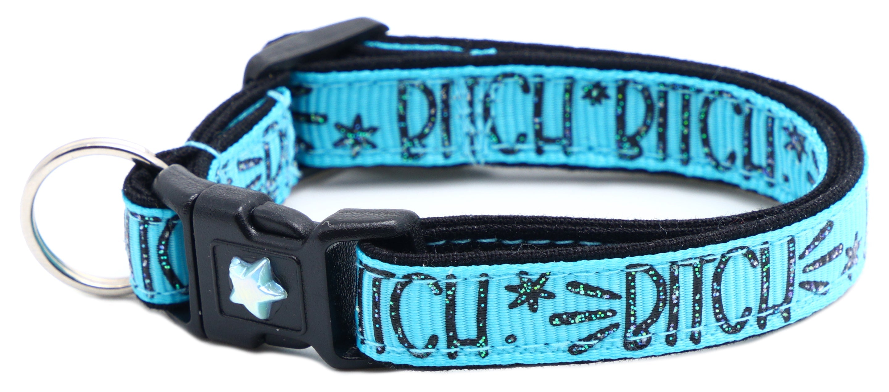 Light blue cat collar with breakaway buckle, printed pattern, silver star charm and heart bell