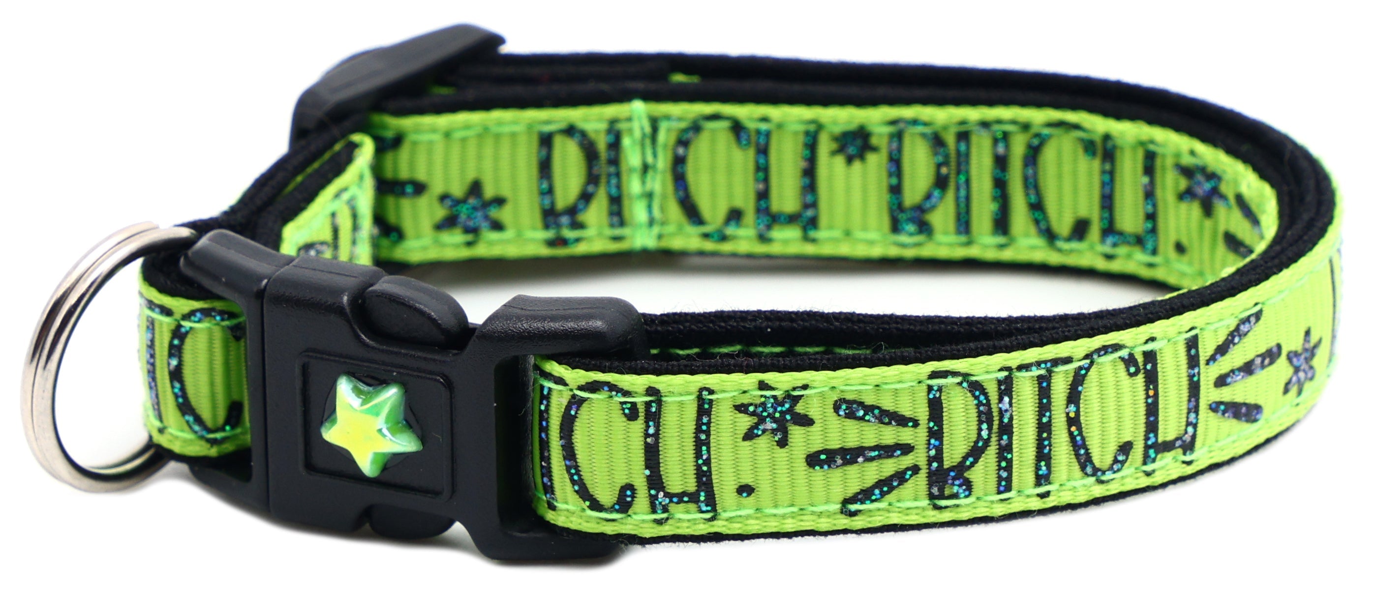Neon green breakaway cat collar with black buckle and star charm, metal ring attachment.