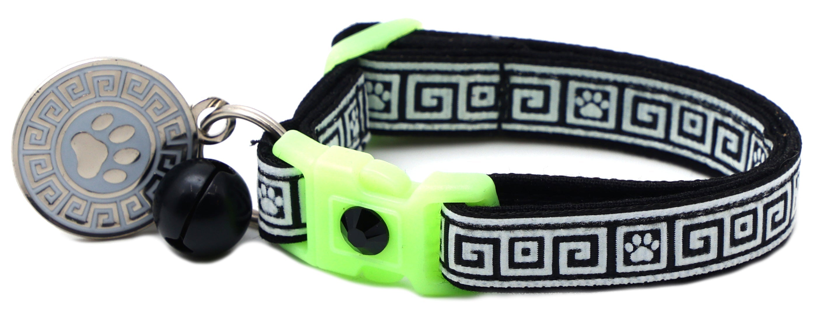 Cat collar with black Greek key fabric, neon green buckle, paw tag, dark bell charm
