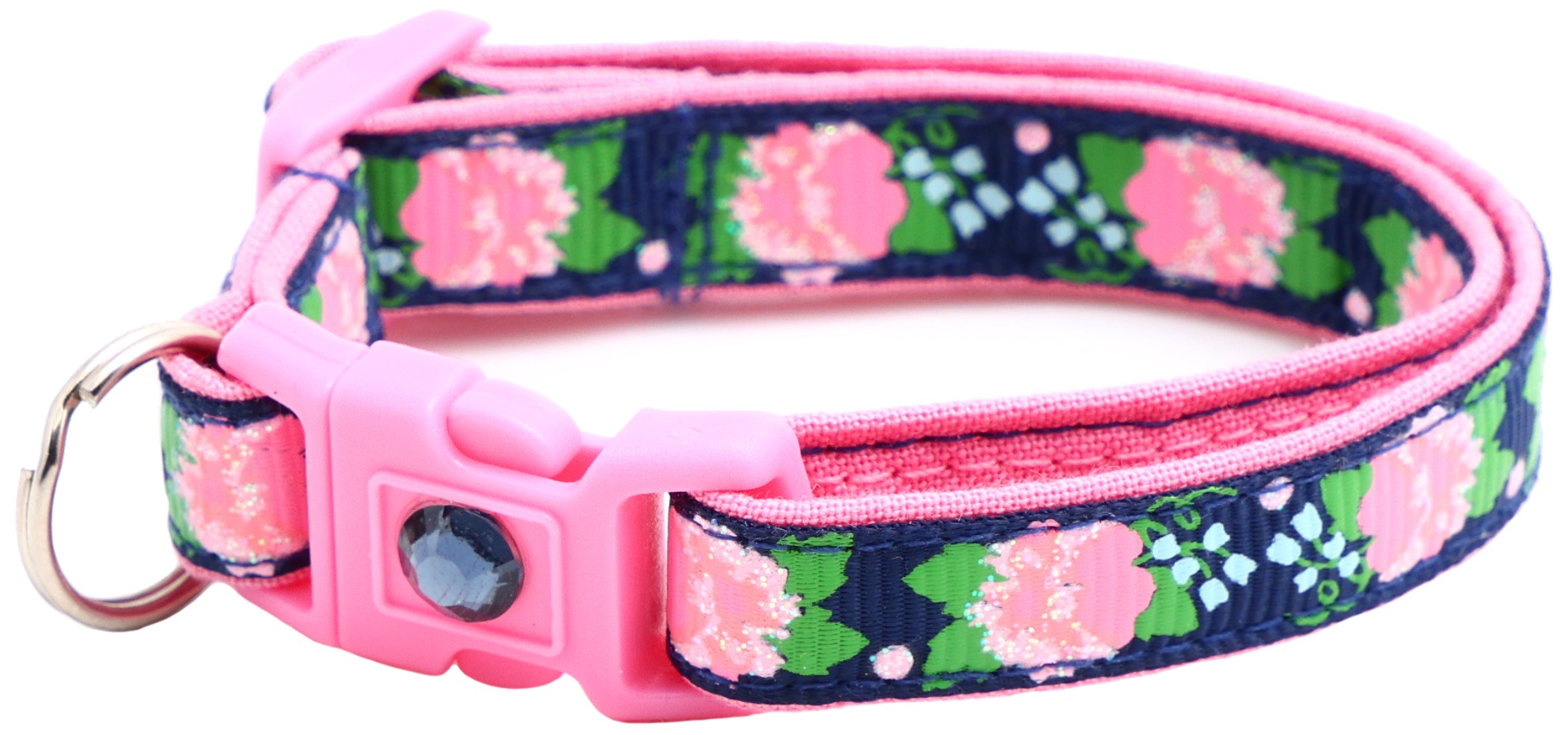 Navy floral cat collar with pink buckle and D-ring, pink edge stitching and lining