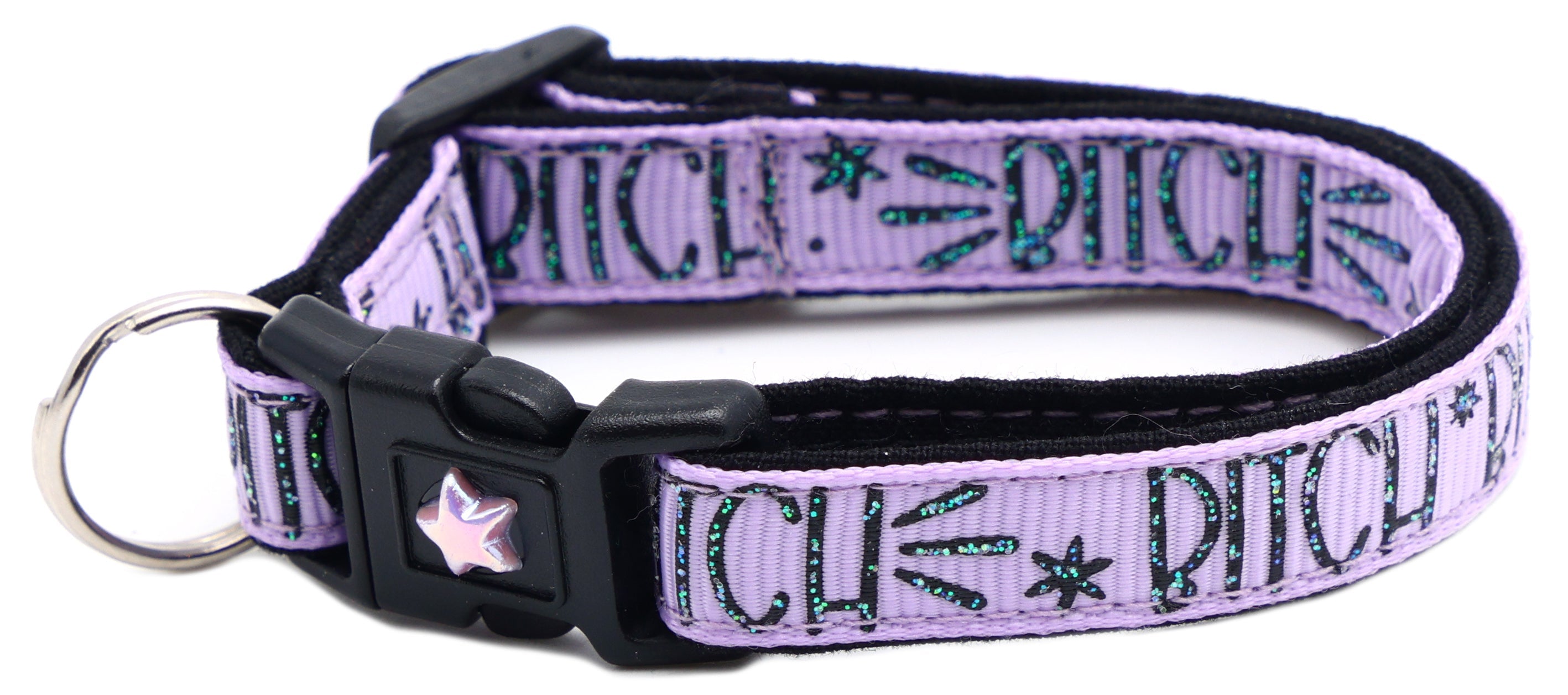 Breakaway cat collar, purple-lavender strap with black breakaway buckle and metal D-ring