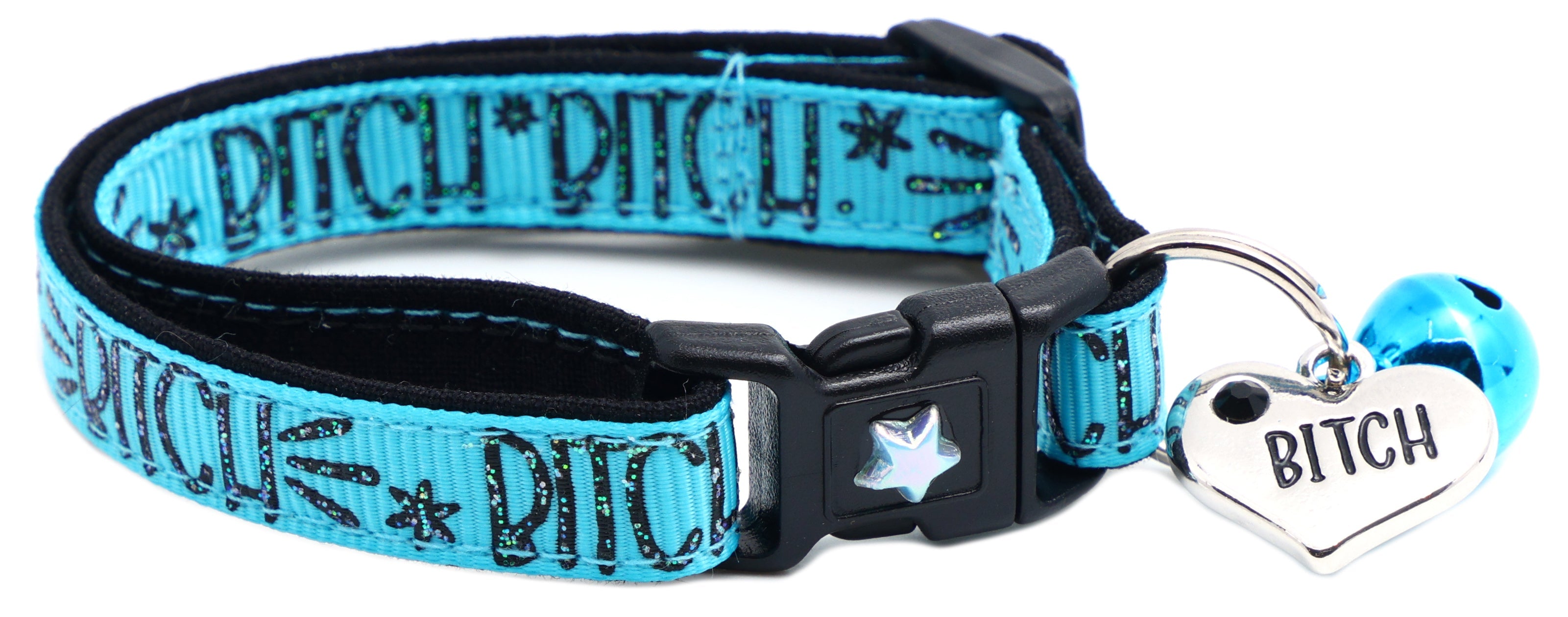 Teal blue cat collar with breakaway buckle, printed pattern, silver star charm and bell