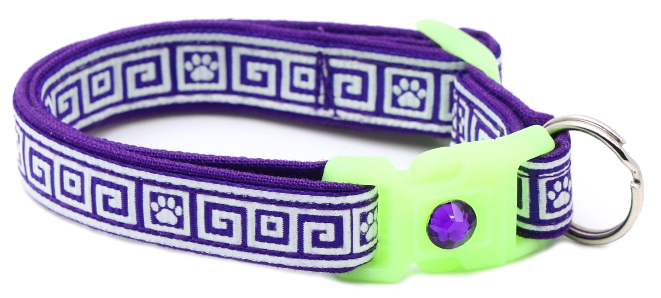 Breakaway cat collar with purple Greek key pattern, light green buckle, metal ring clasp.