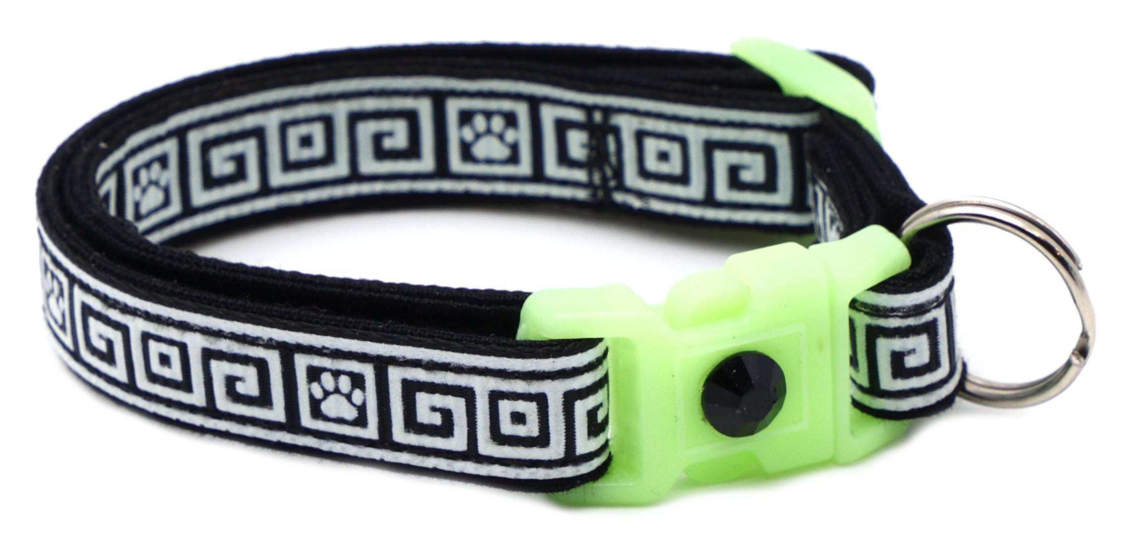 Cat collar with black Greek key fabric and neon green center buckle, metal D-ring hardware