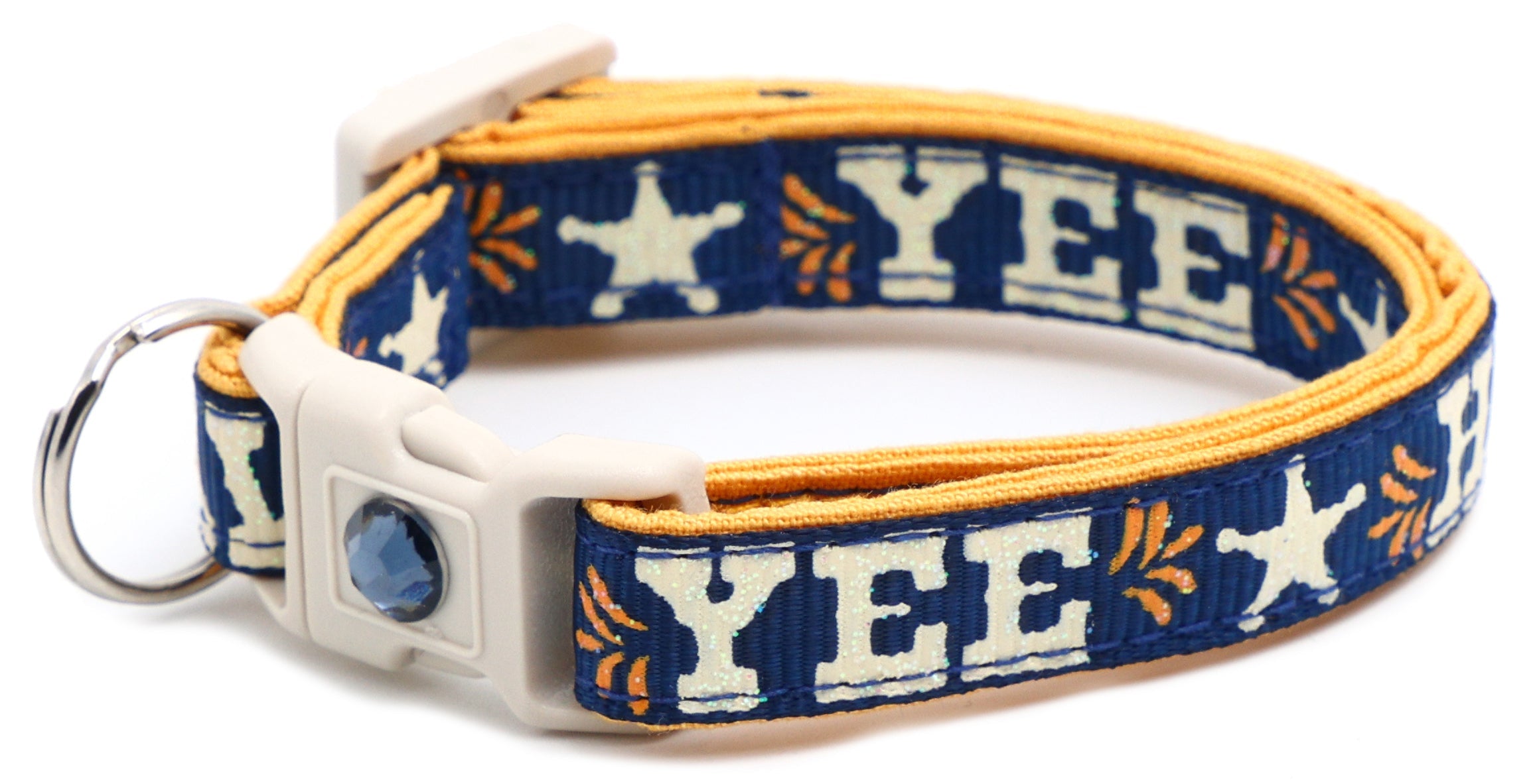 Breakaway dog collar with “YEE HAW” print, navy blue and yellow trim, star emblem