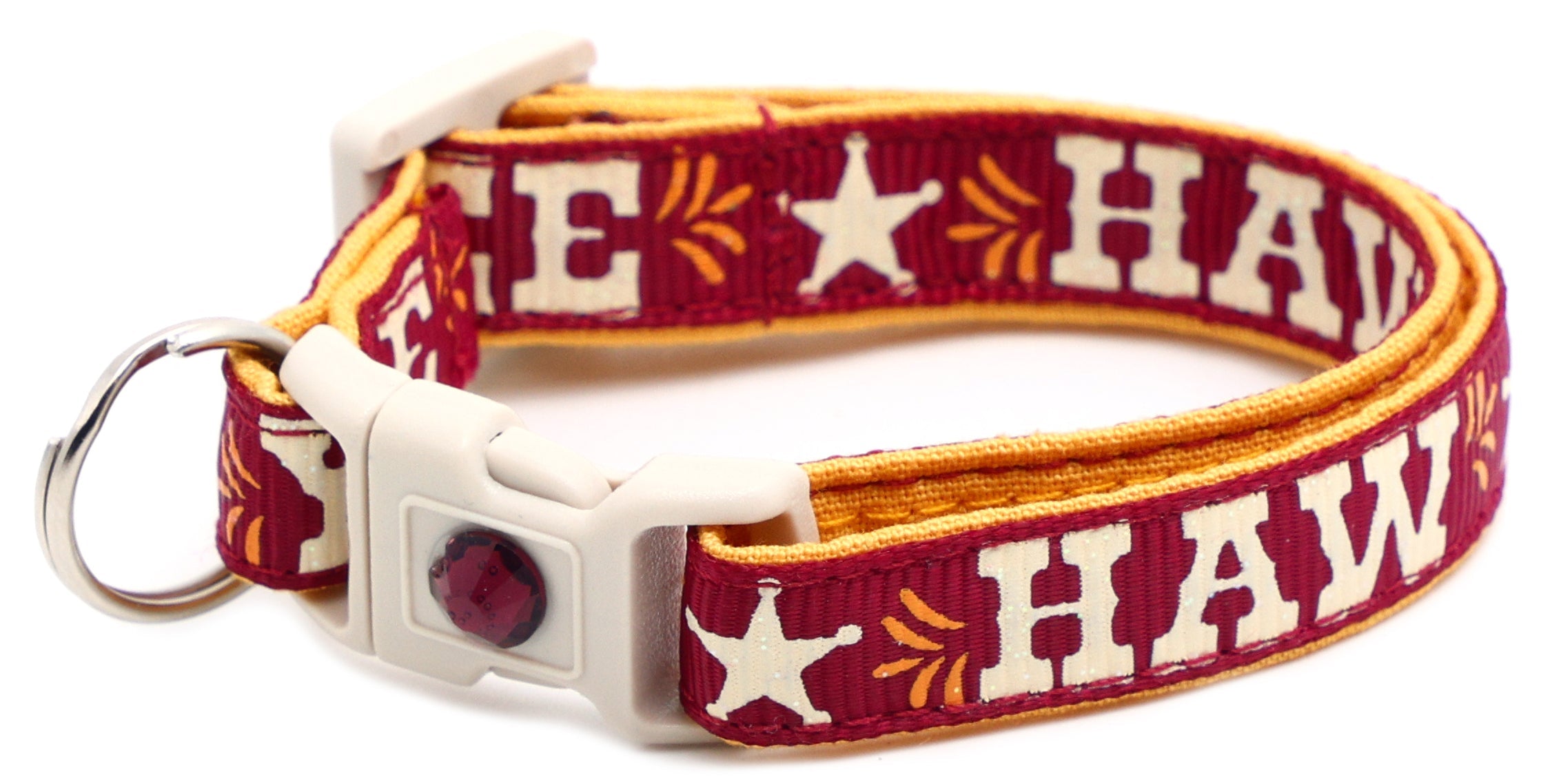 Breakaway dog collar with “YEE HAW” print, burgundy and yellow trim, star emblem