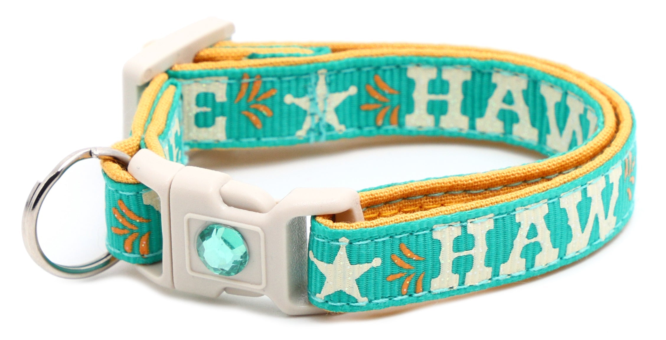 Breakaway dog collar, aqua with “YEE HAW” embroidery and white buckle, no bell attached