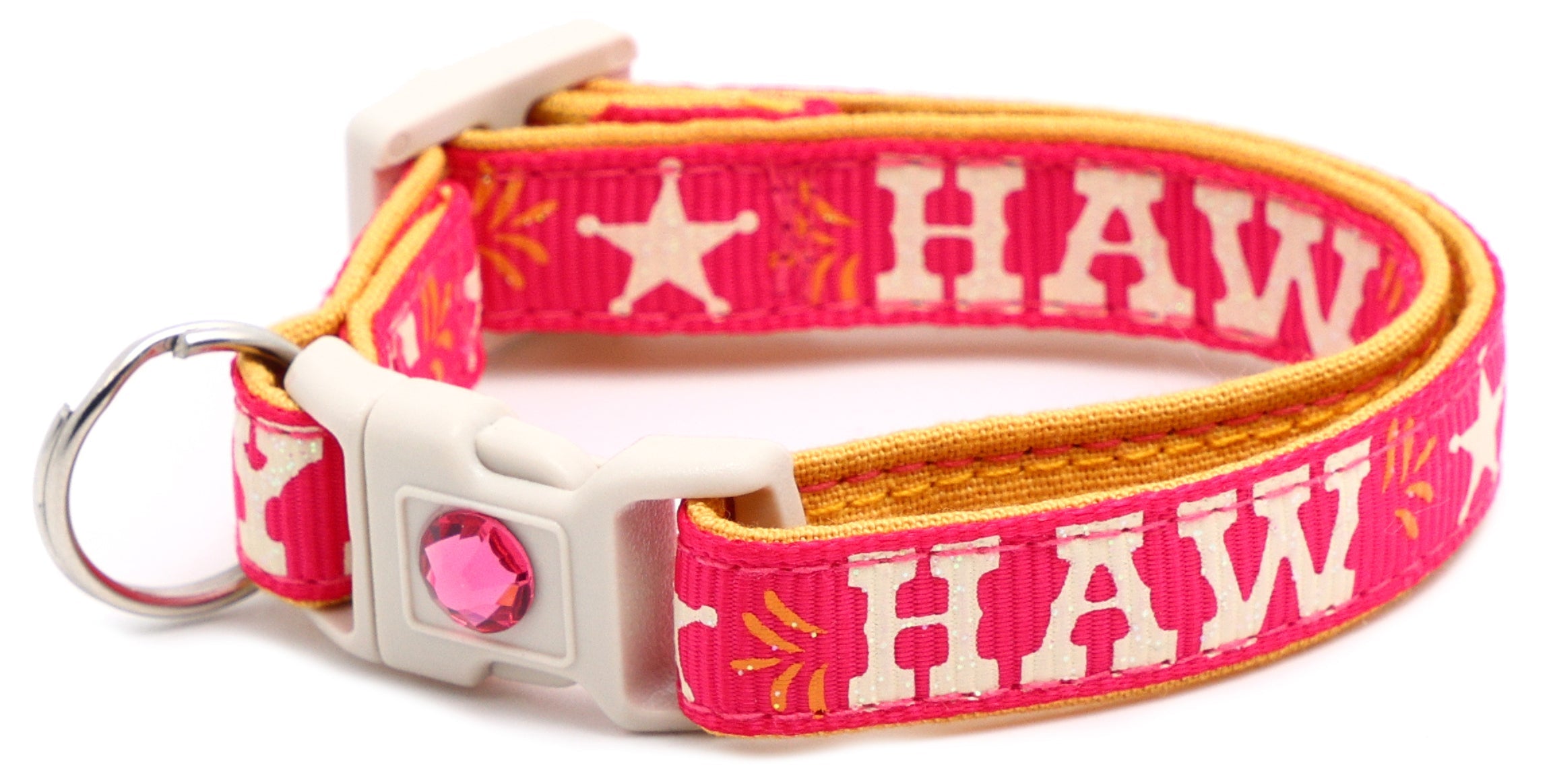 Breakaway dog collar, pink with “HAW” and star embroidery and white buckle, no bell attached