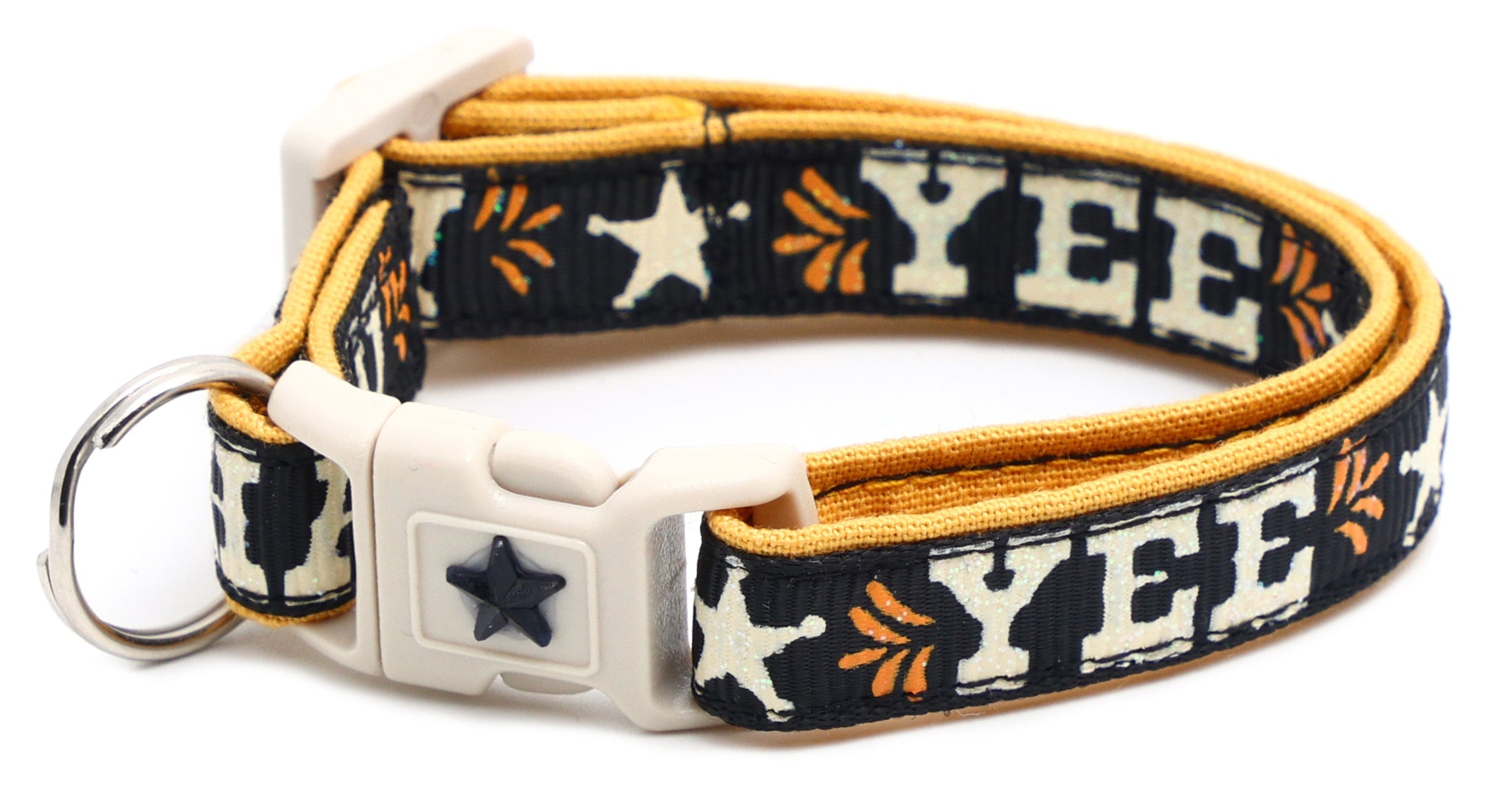 Breakaway dog collar with “YEE HAW” print, dark navy and yellow trim, star emblem