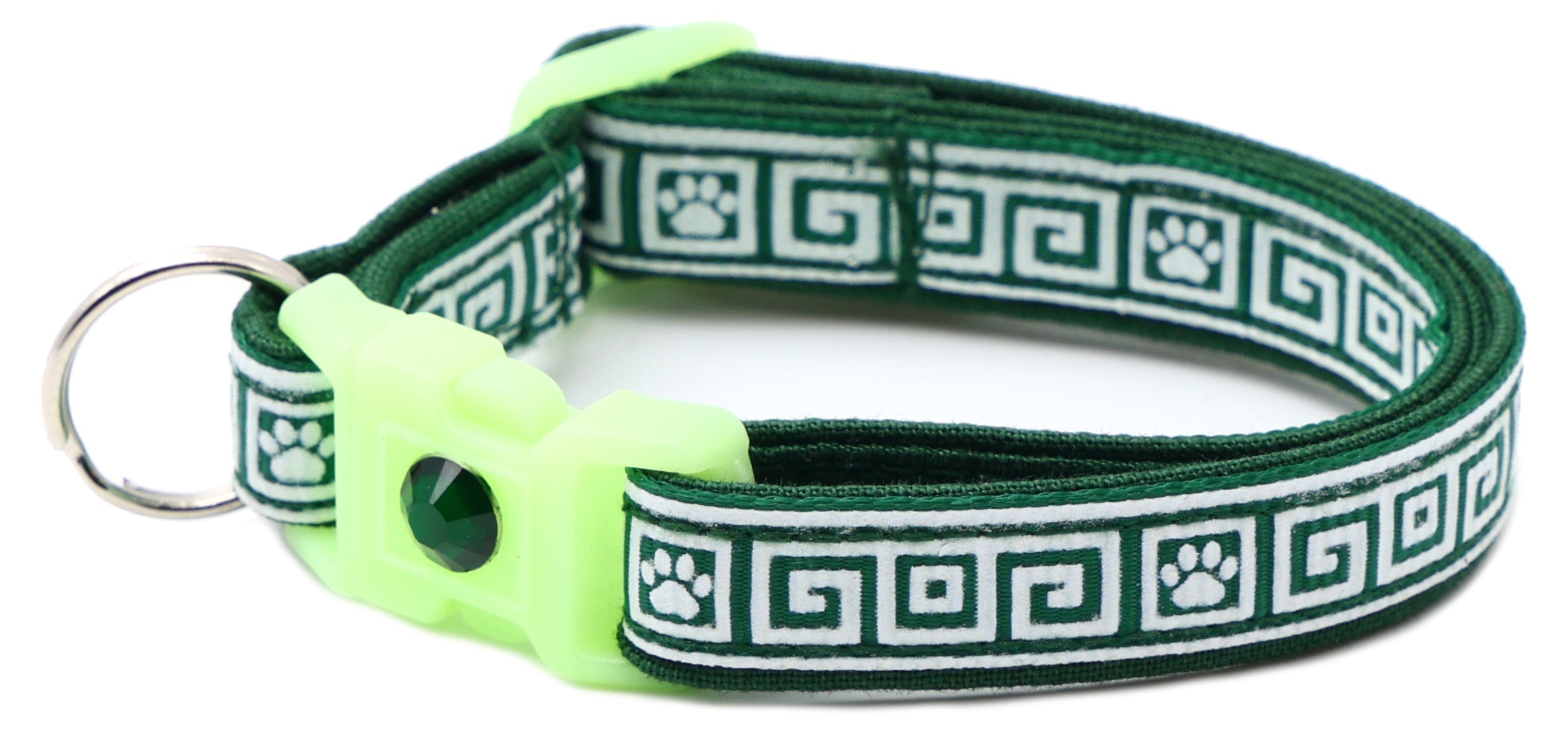 Dark green patterned cat collar with lime breakaway insert and green crystal charm