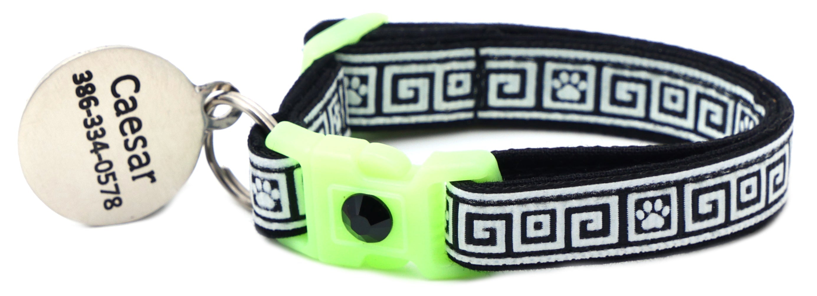 Black Greek key cat collar with neon buckle, metal ring, and round dog tag charm