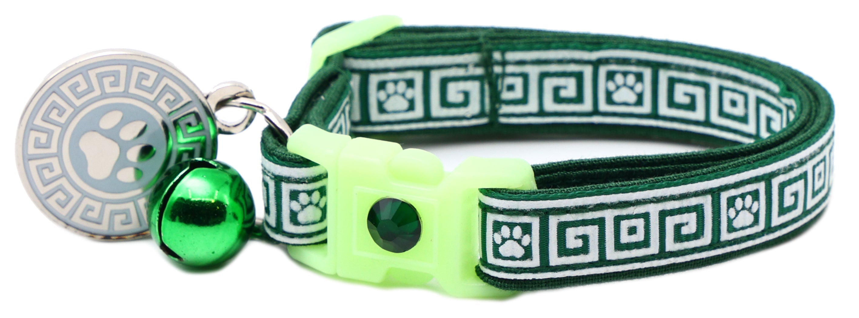 Dark green Greek key cat collar with neon buckle, green bell, and paw charm