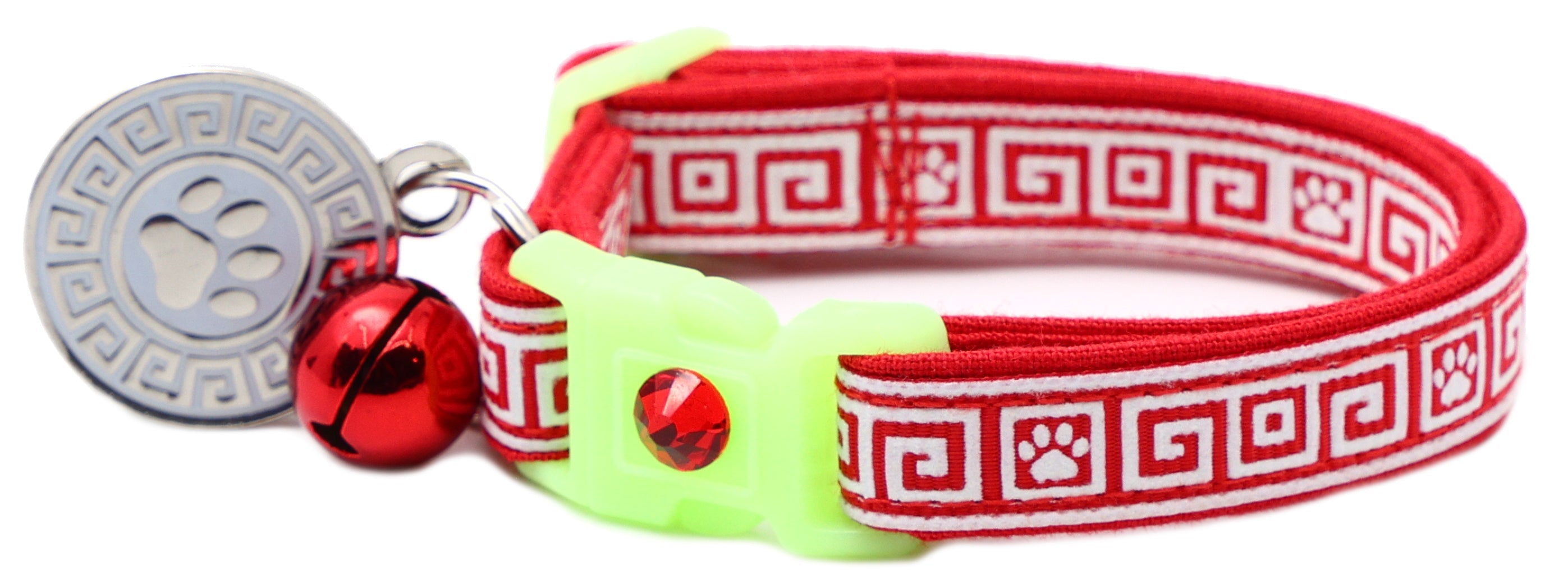 Greek Key breakaway cat collar in red with neon green buckle and red bell charm