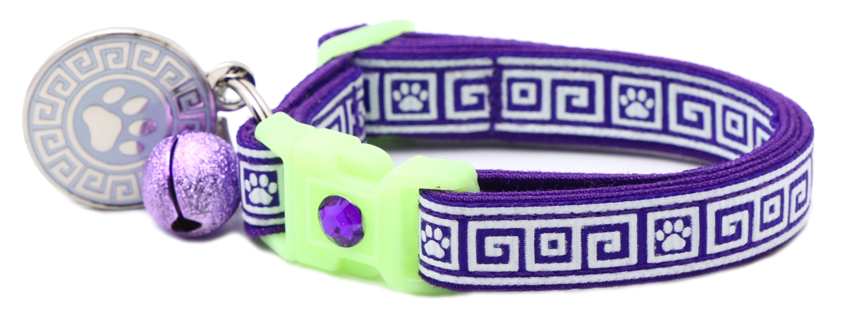 Greek Key breakaway cat collar in purple with neon green buckle and charm bell