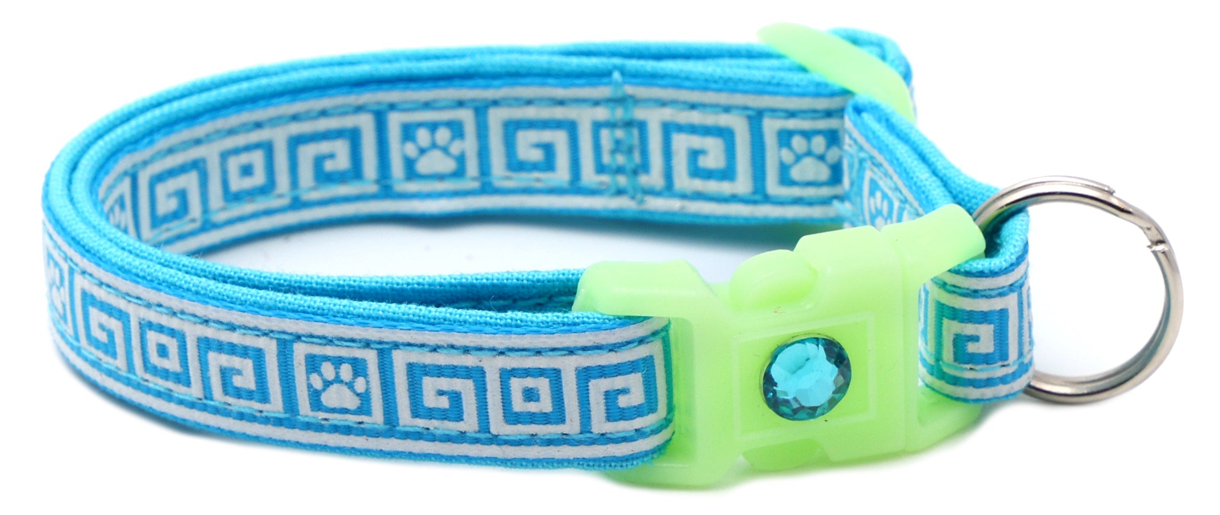 Light blue Greek key cat collar with neon buckle, blue crystal charm, and metal ring