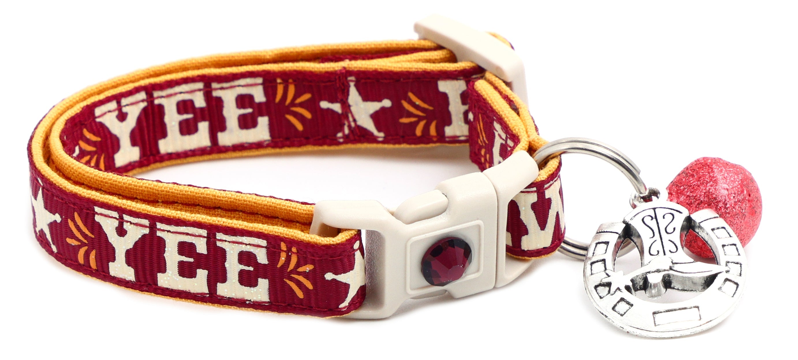 Breakaway dog collar, burgundy with “YEE HAW” embroidery, white buckle, and pink bell