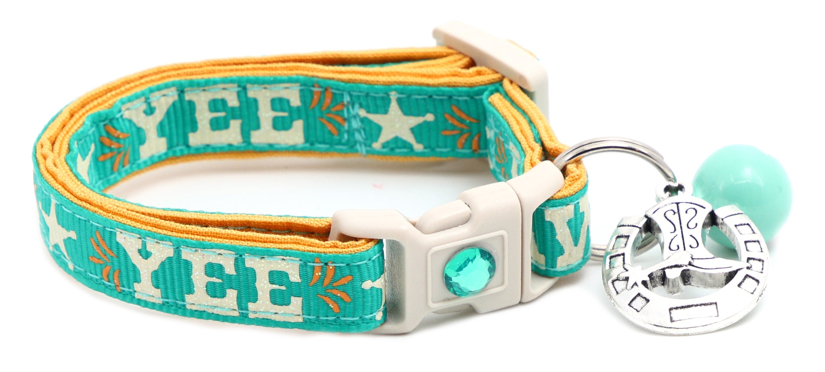 Pet breakaway collar with aqua fabric, HA W pattern, white buckle, mint bell charm
