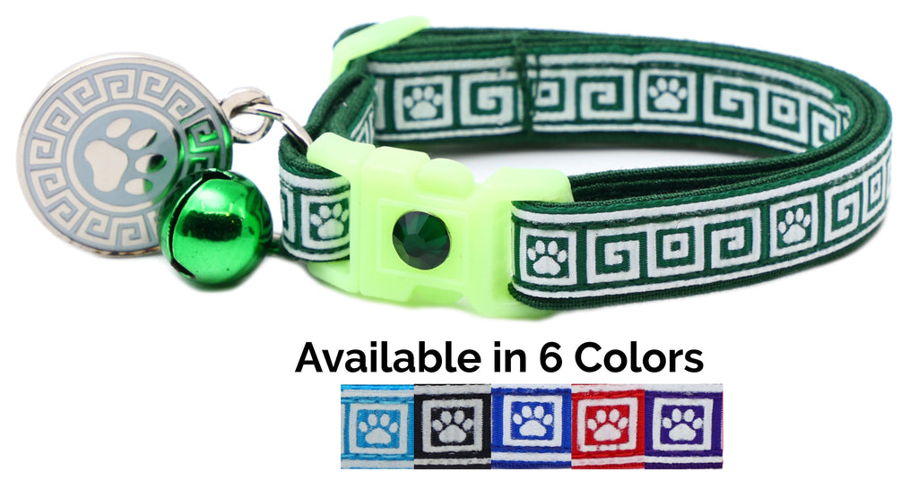 Greek Key breakaway cat collar in green with neon green buckle and round bell