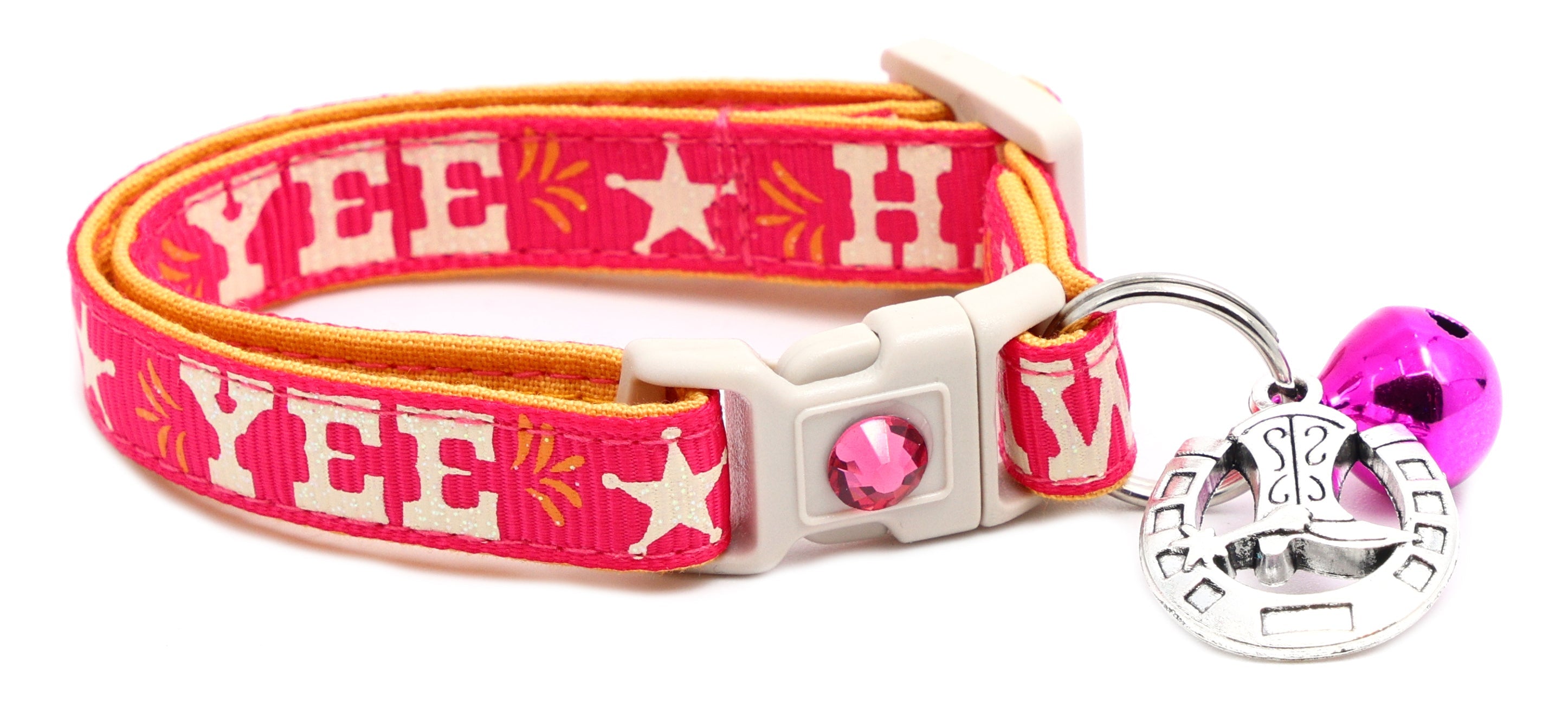 Hot pink breakaway pet collar with white buckle, horseshoe charm, pink jingle bell