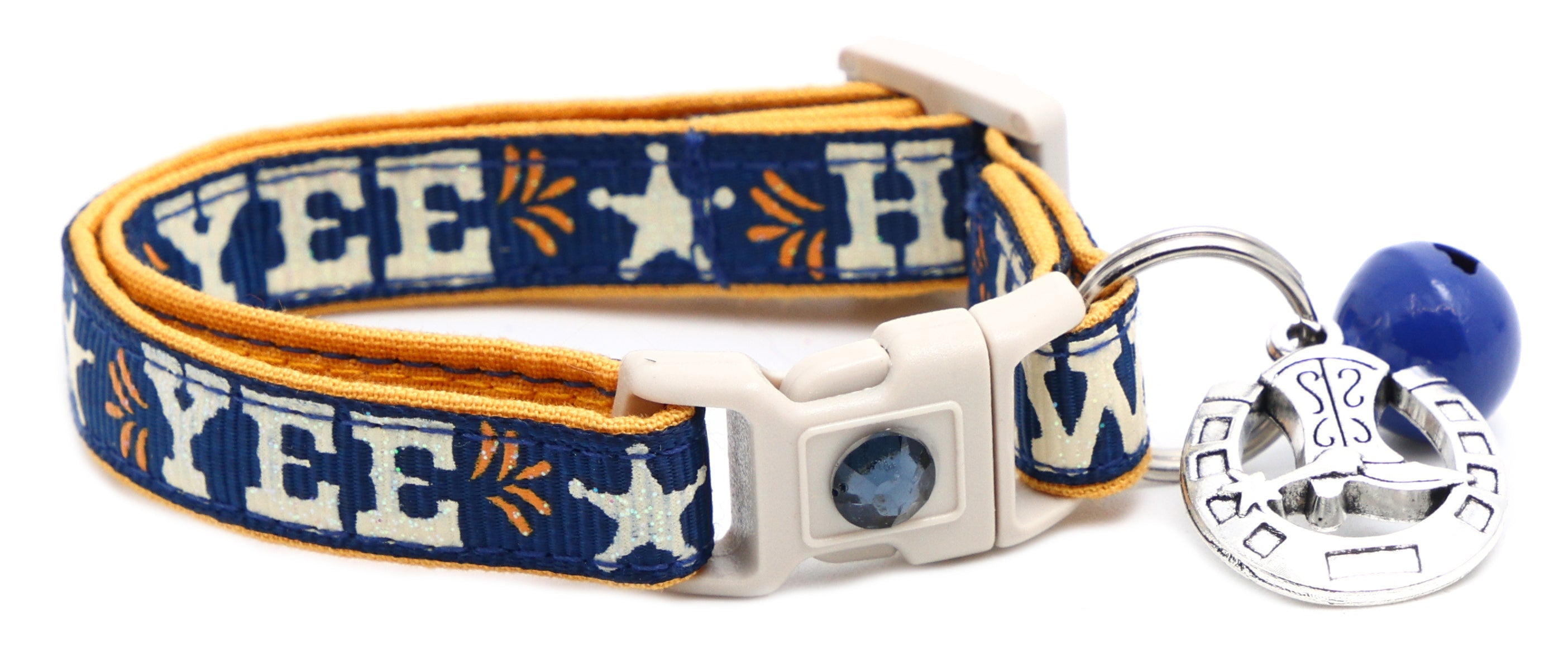 Breakaway dog collar, navy with “YEE HAW” embroidery, white buckle, and blue bell