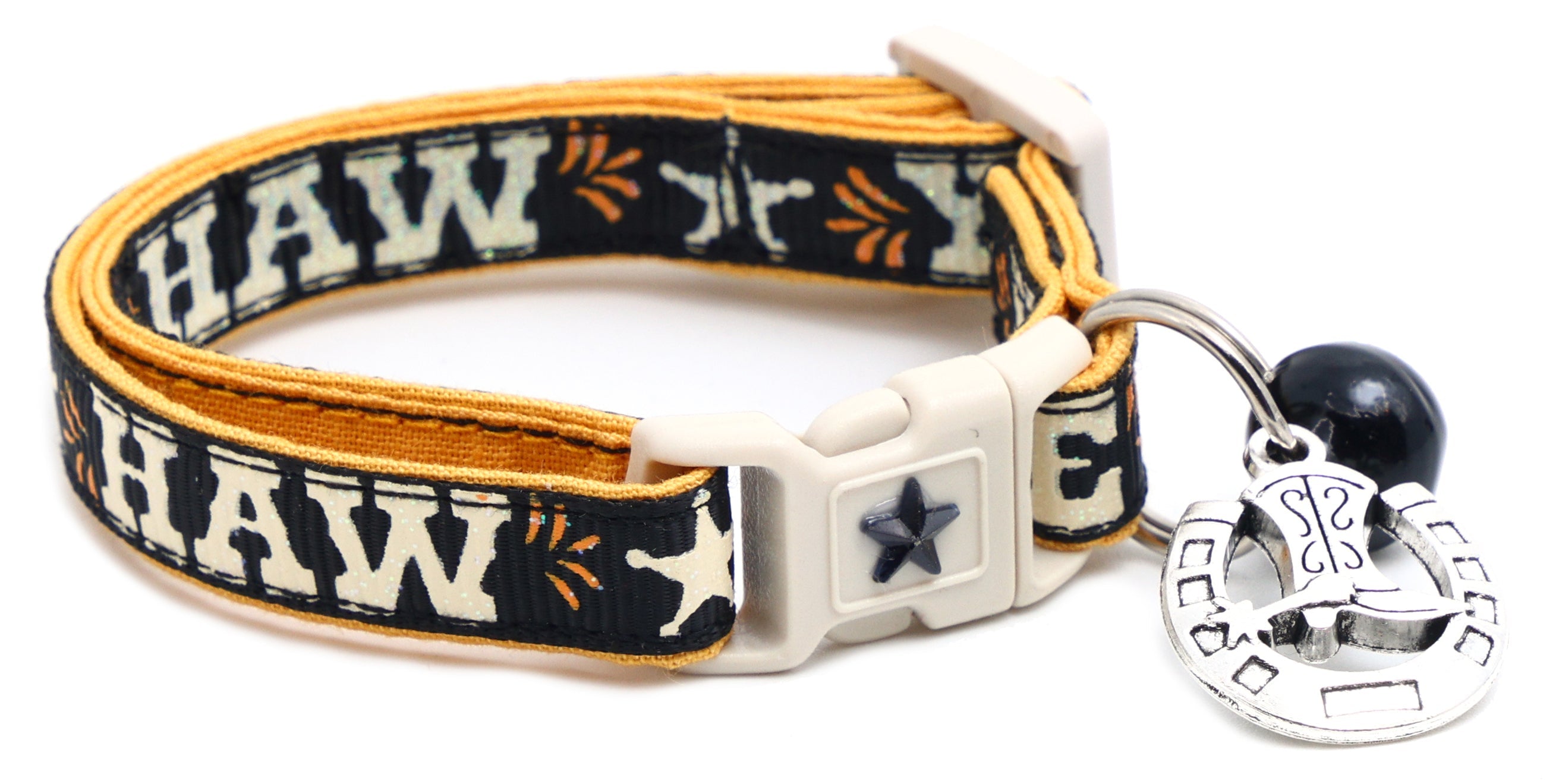 Pet breakaway collar with dark fabric, HA W pattern, white buckle, black ball bell charm