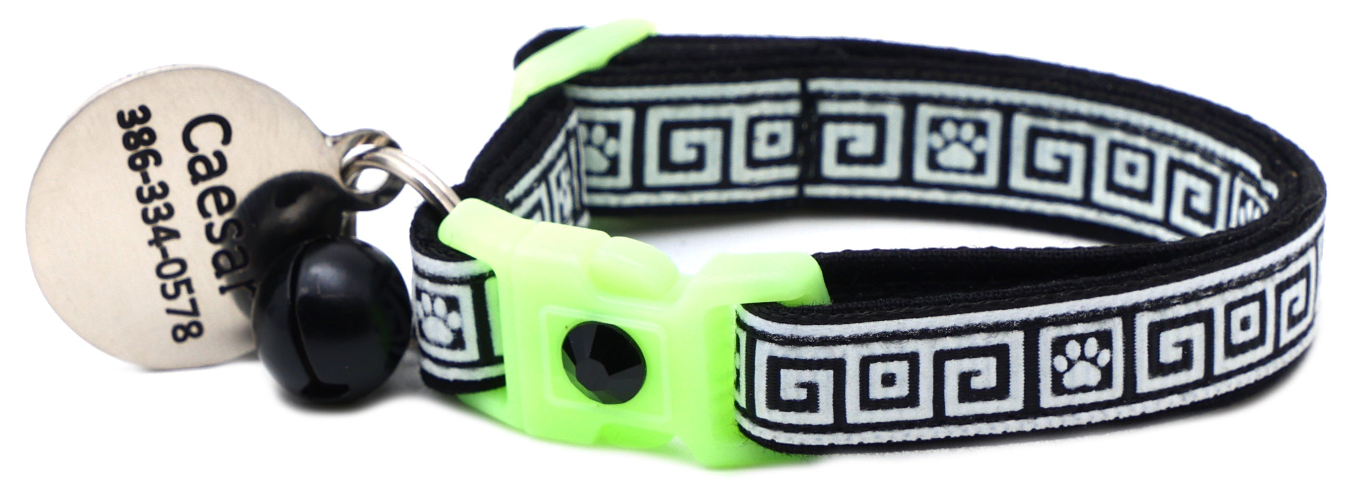 Black Greek key cat collar with neon buckle, metal ring, round dog tag, and bell