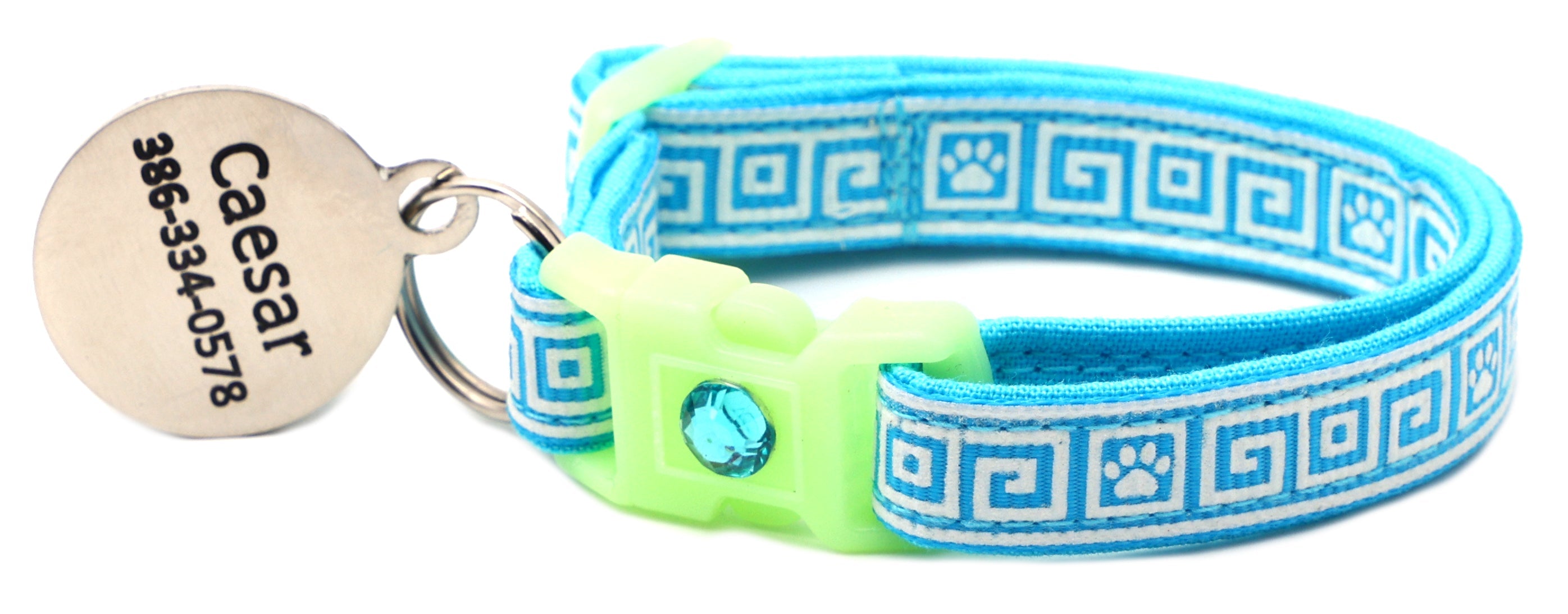Cat collar with blue Greek key fabric, neon green buckle, round name tag with paw print