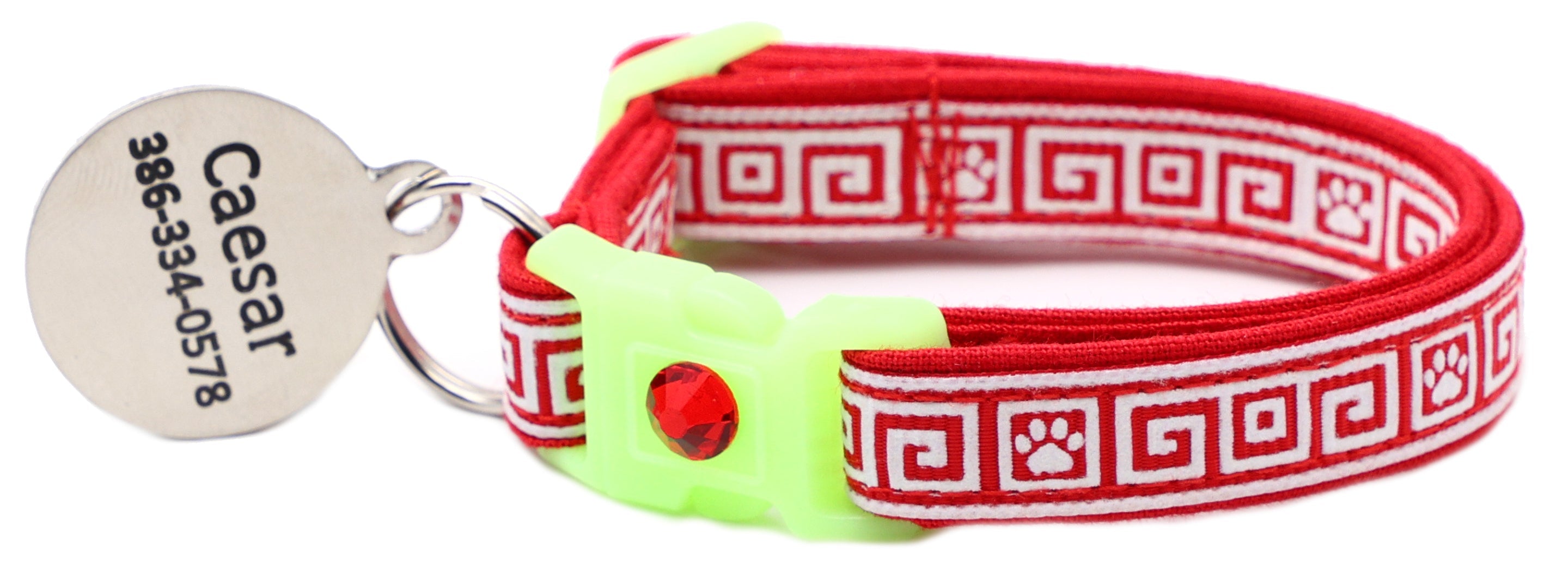 Red cat collar with Greek key pattern, neon breakaway buckle, Caesar charm, red crystal bell