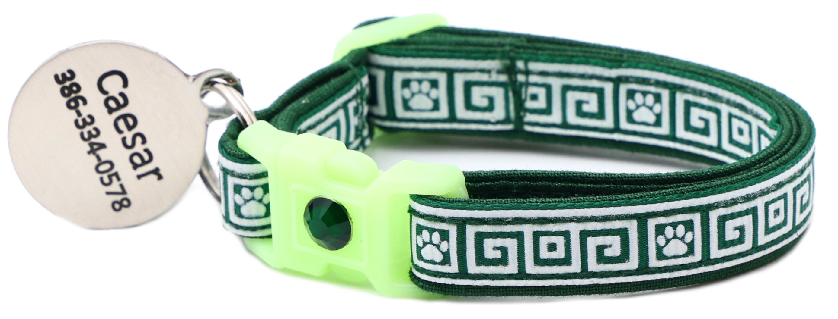 Breakaway cat collar with dark green Greek key pattern, light green buckle, round tag ring.