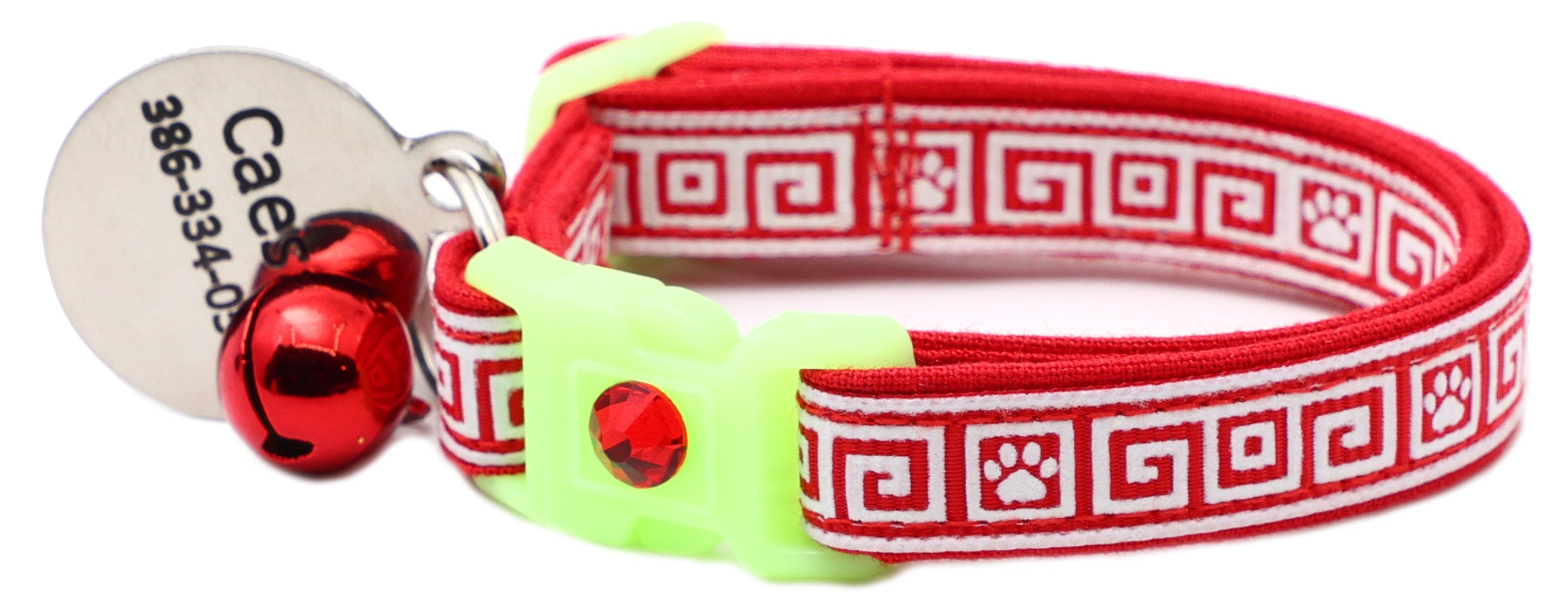 Red cat collar with Greek key pattern, neon breakaway buckle, red bell, round tag charm